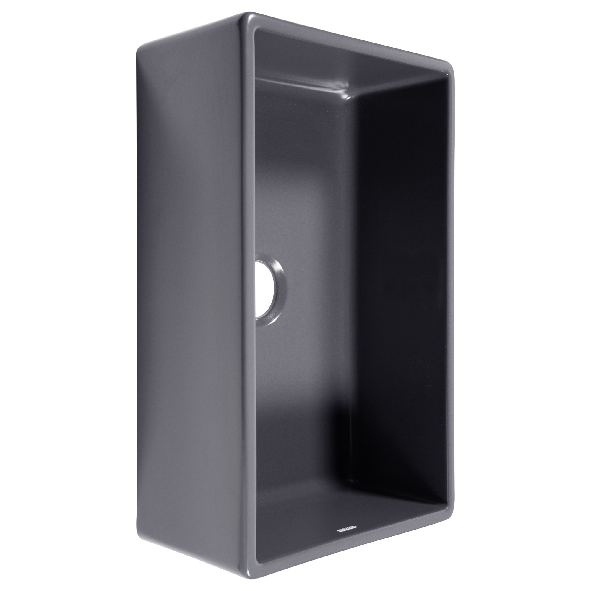 A matte gray rectangular undermount farmhouse sink made in fireclay with a 3.5" drain hole.