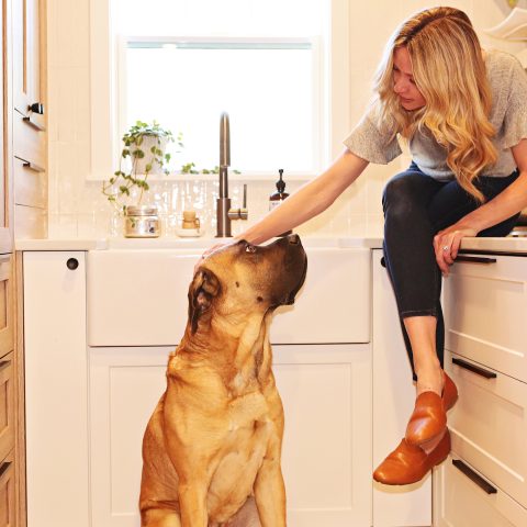 A kitchen with a matte white rectangular undermount farmhouse sink made in fireclay, in front of a window with a woman sitting on the countertop leaning down to pet her large mastiff dog sitting in front of the sink.