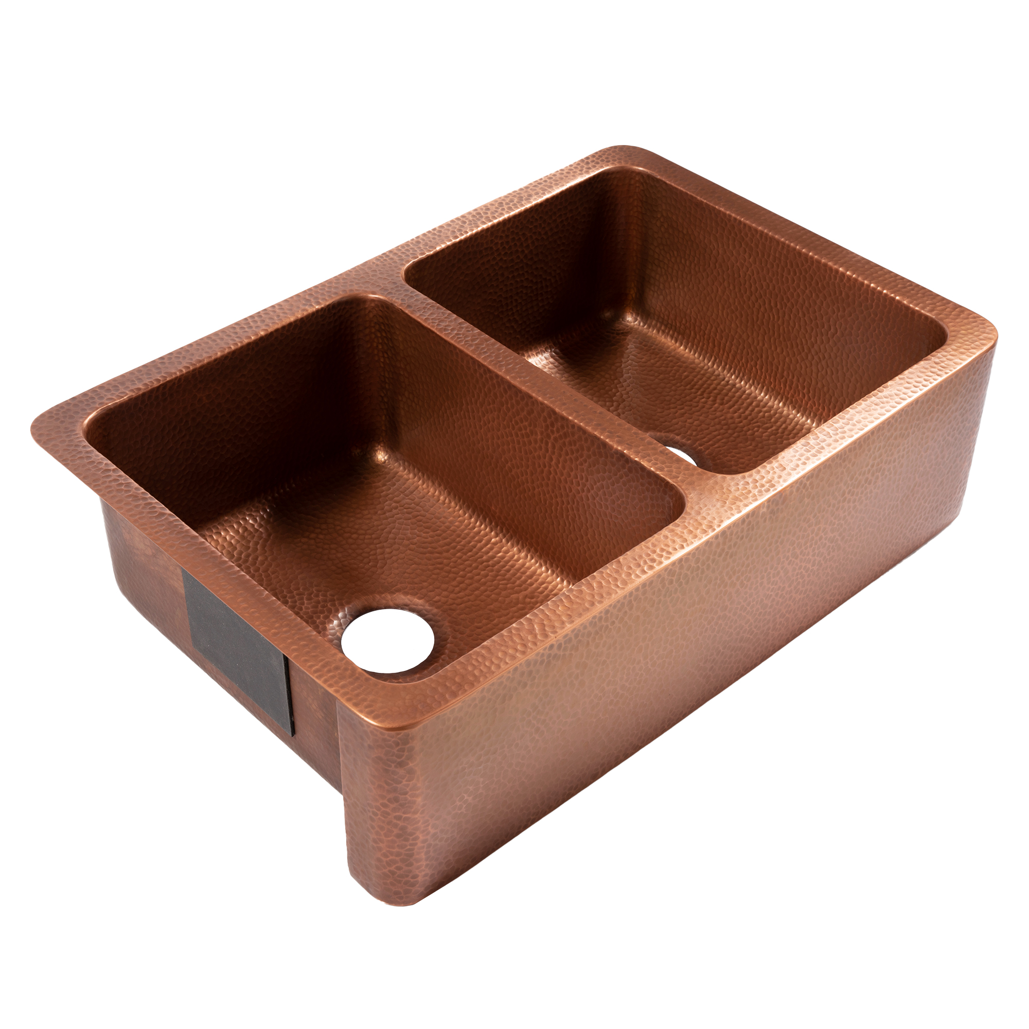 A copper rectangular undermount double basin farmhouse sink