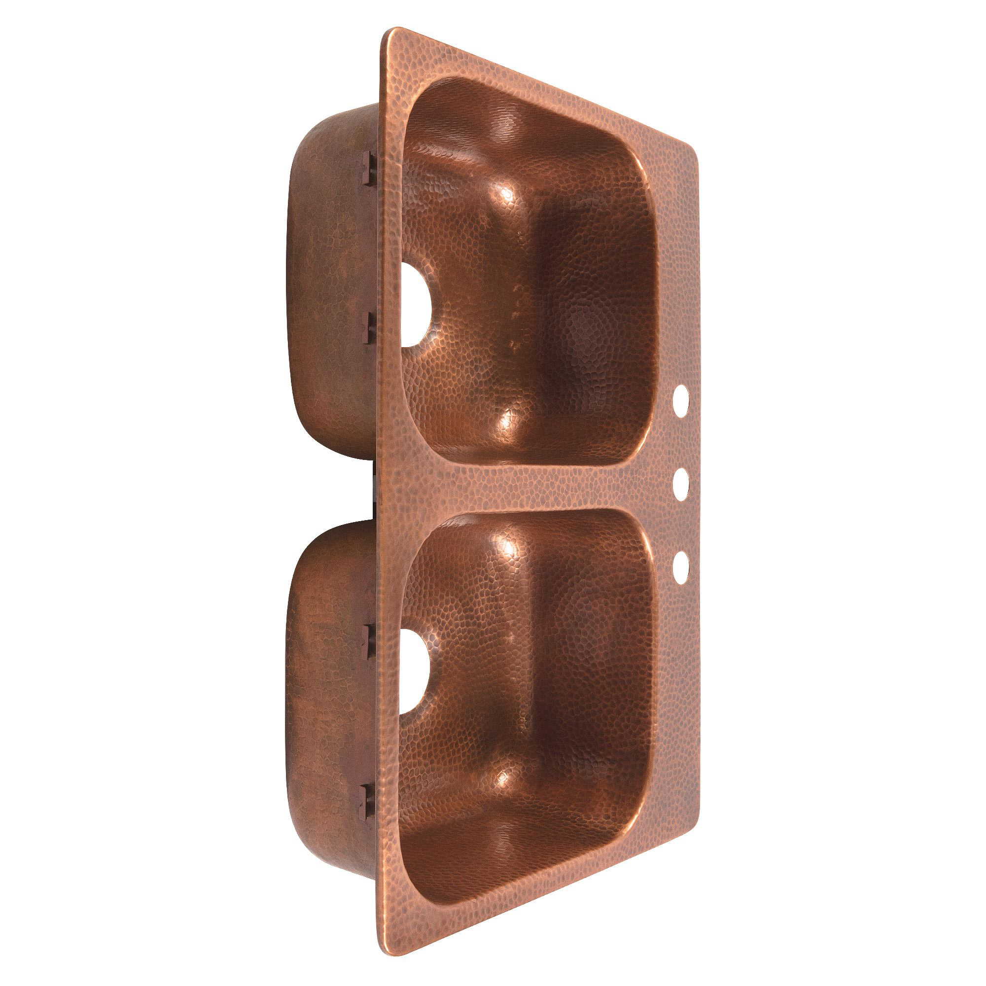 A copper rectangular drop-in double basin sink.