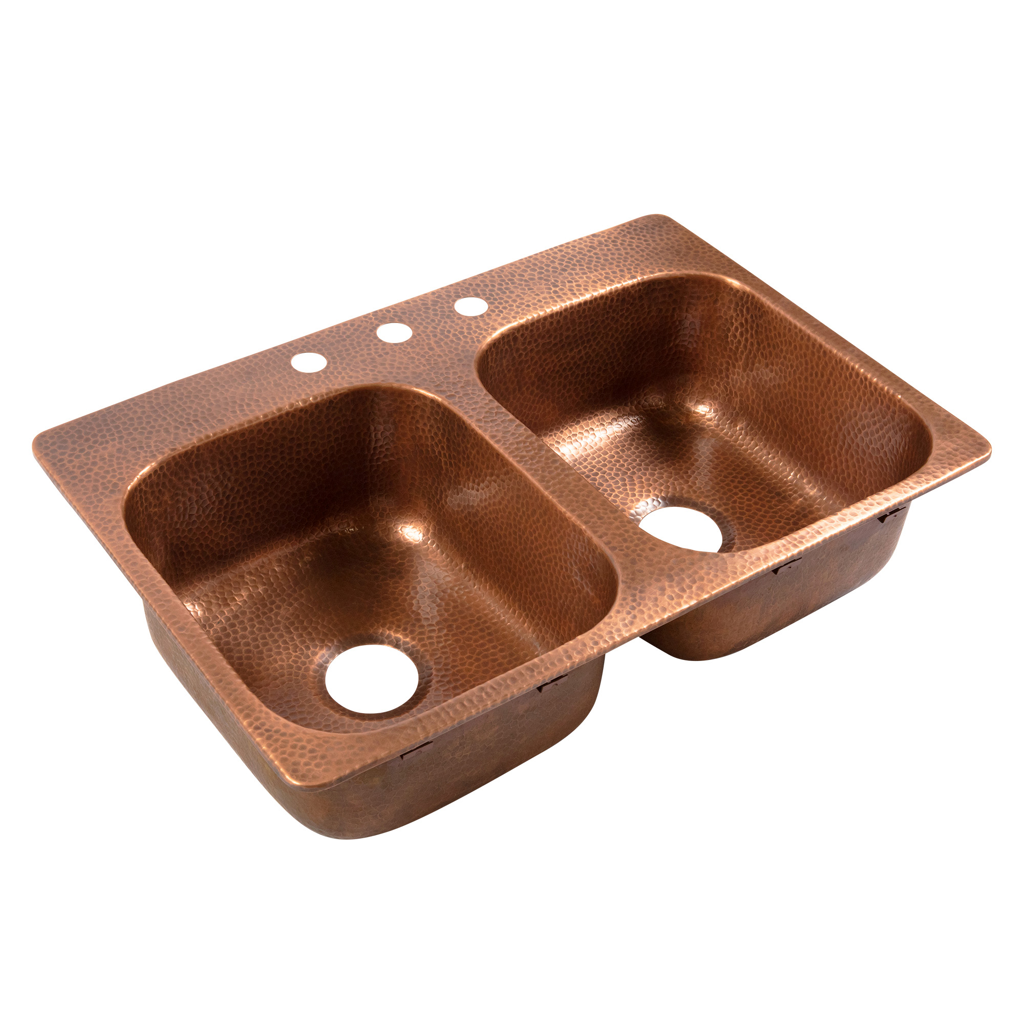 A copper rectangular drop-in double basin sink.