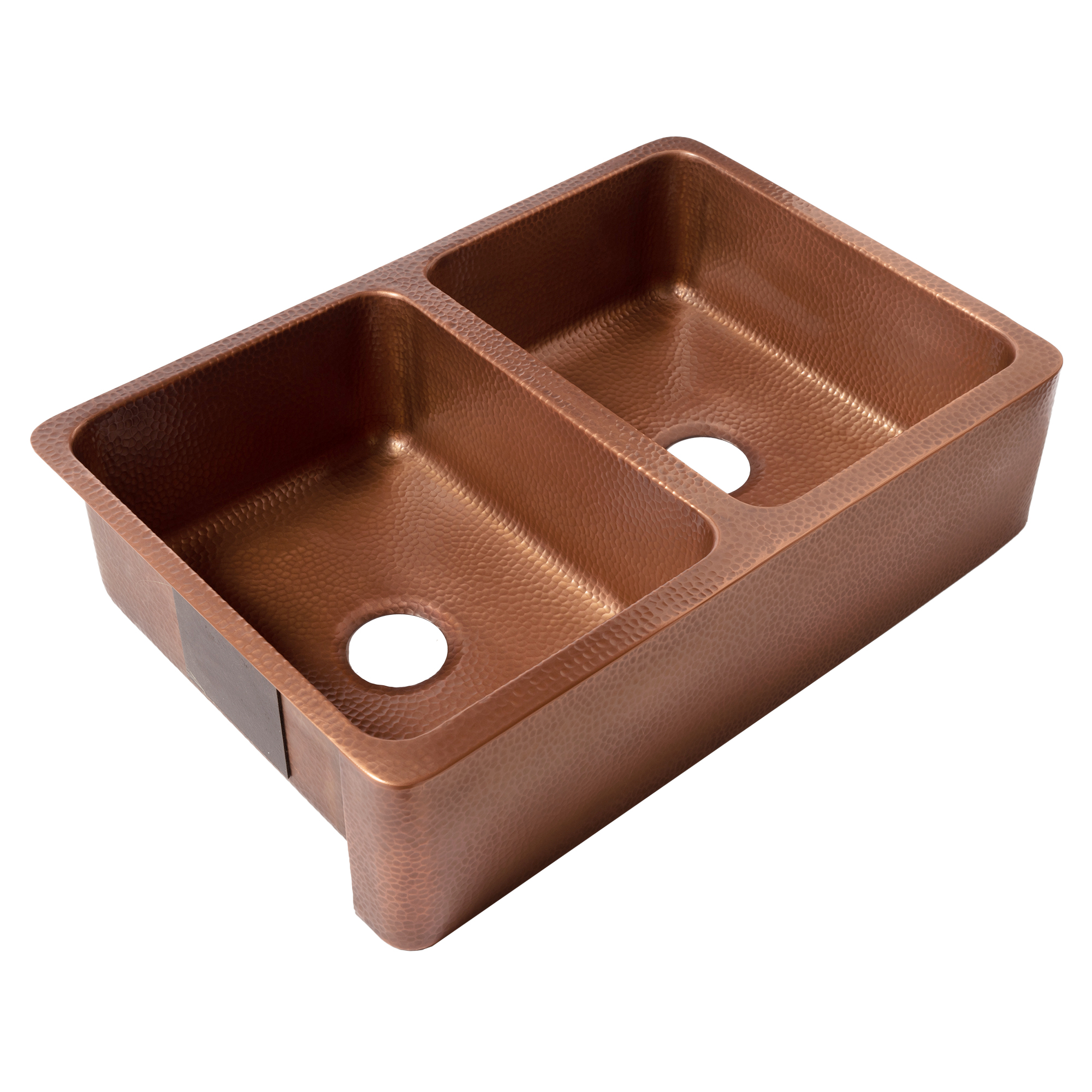 A copper rectangular undermount double basin farmhouse sink.