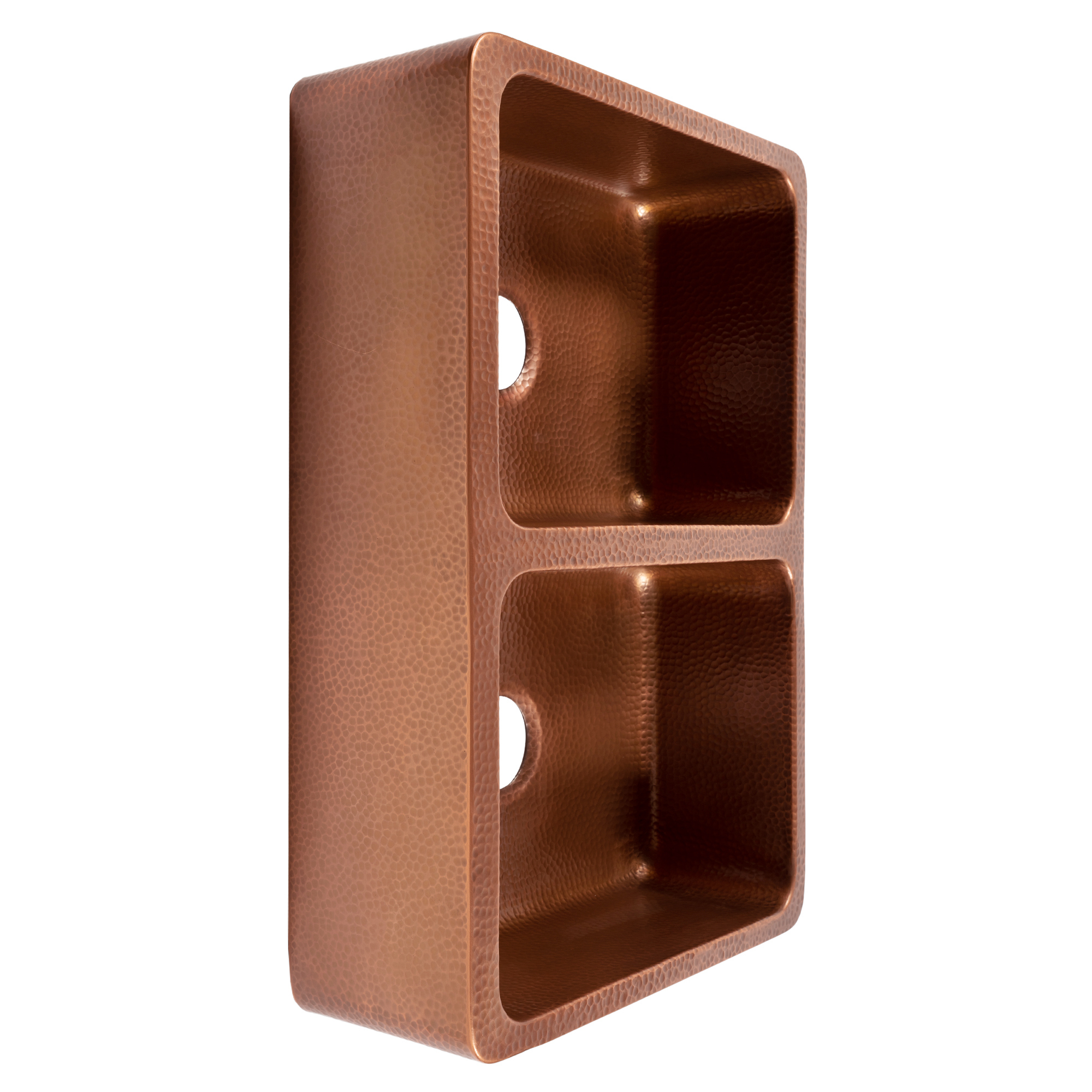 A copper rectangular undermount double basin farmhouse sink.