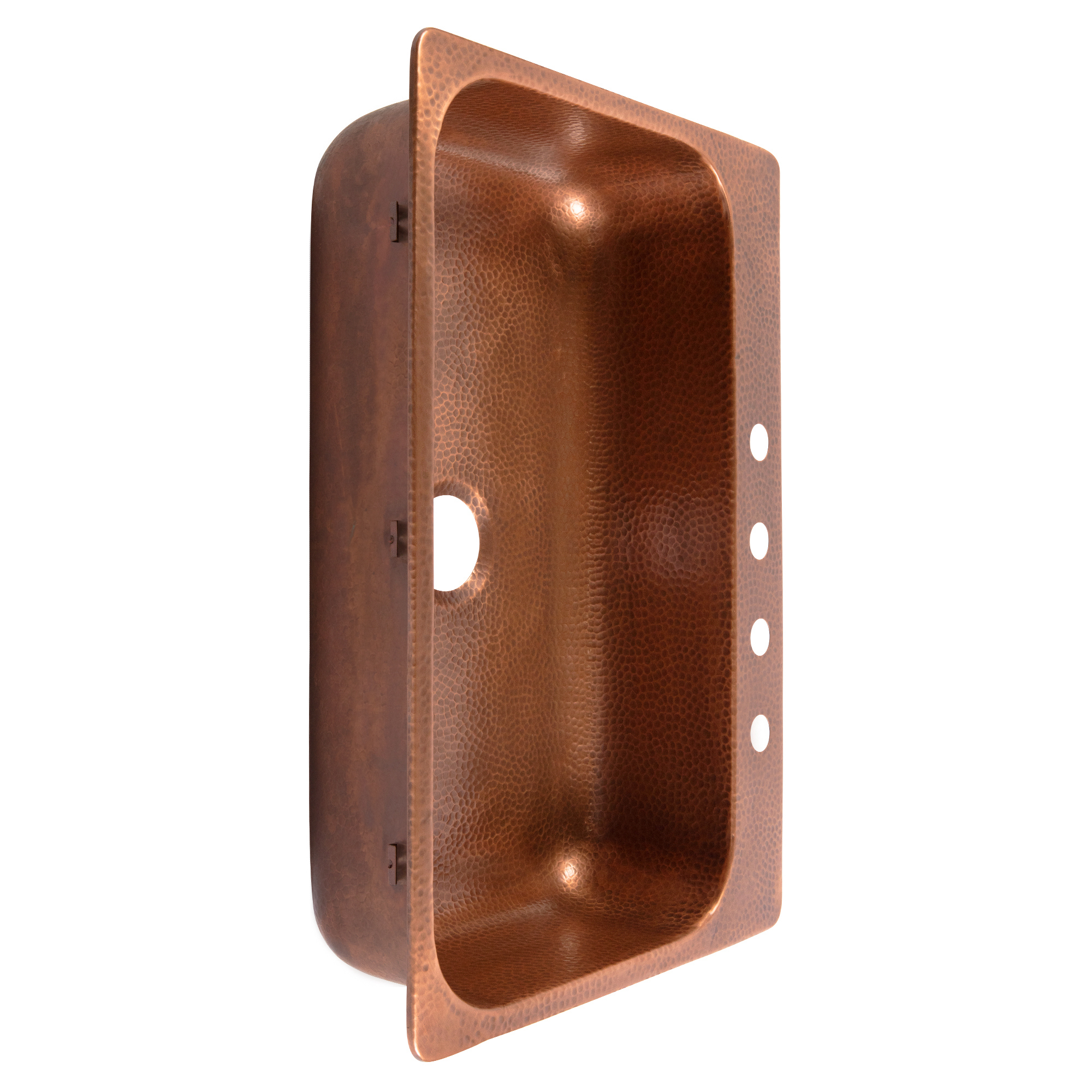 A copper rectangular drop-in sink.