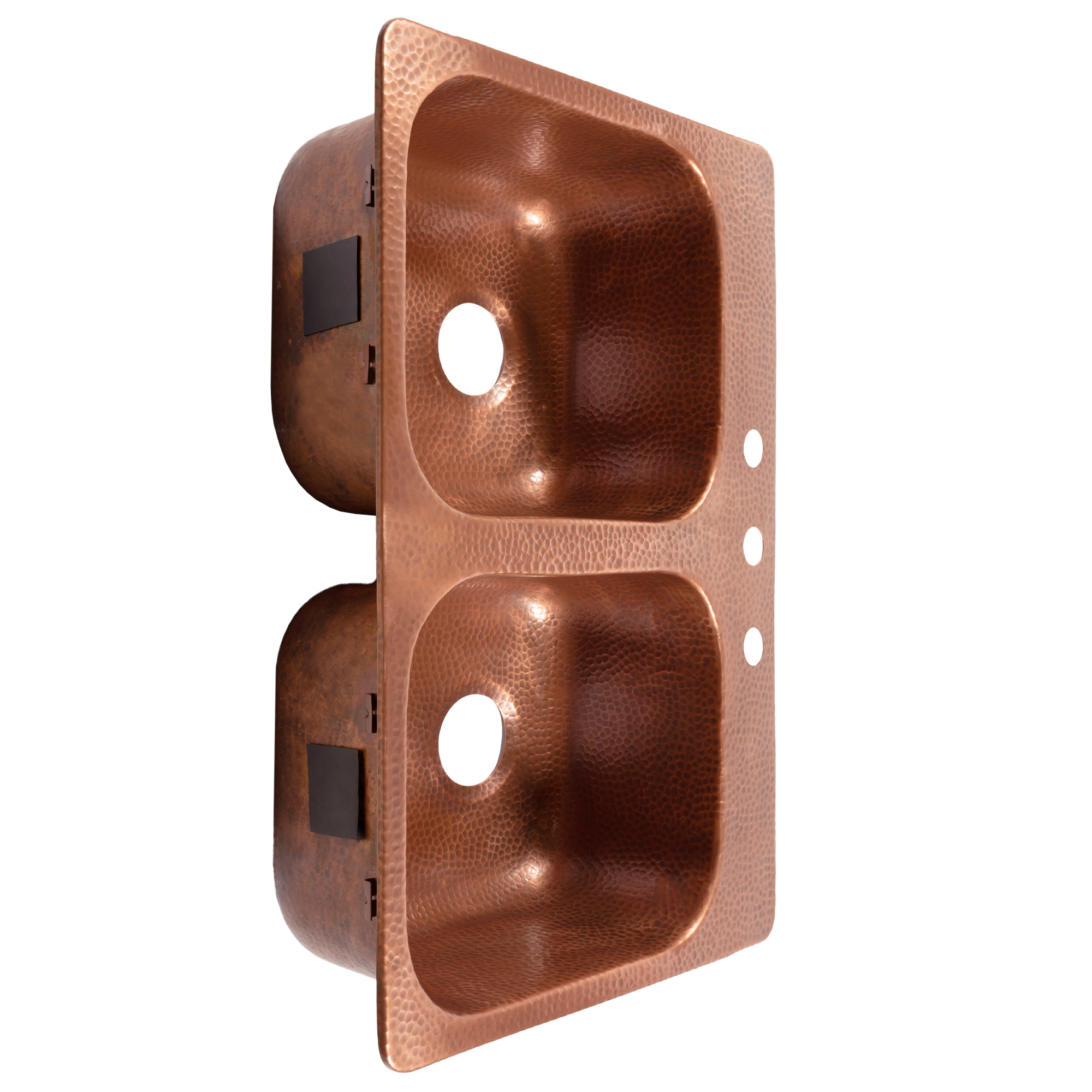 A copper rectangular drop-in double basin sink.