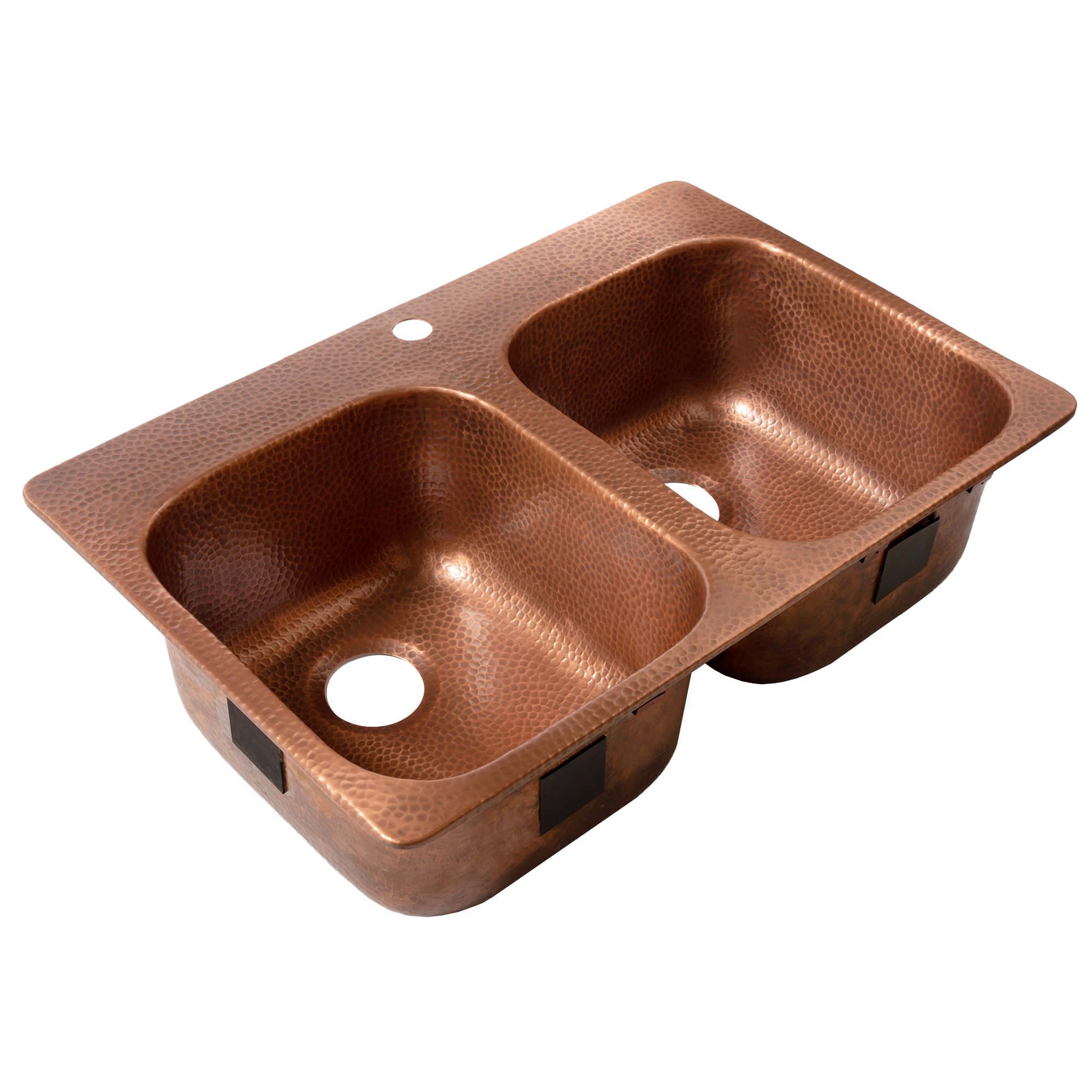 A copper rectangular drop-in double basin sink.
