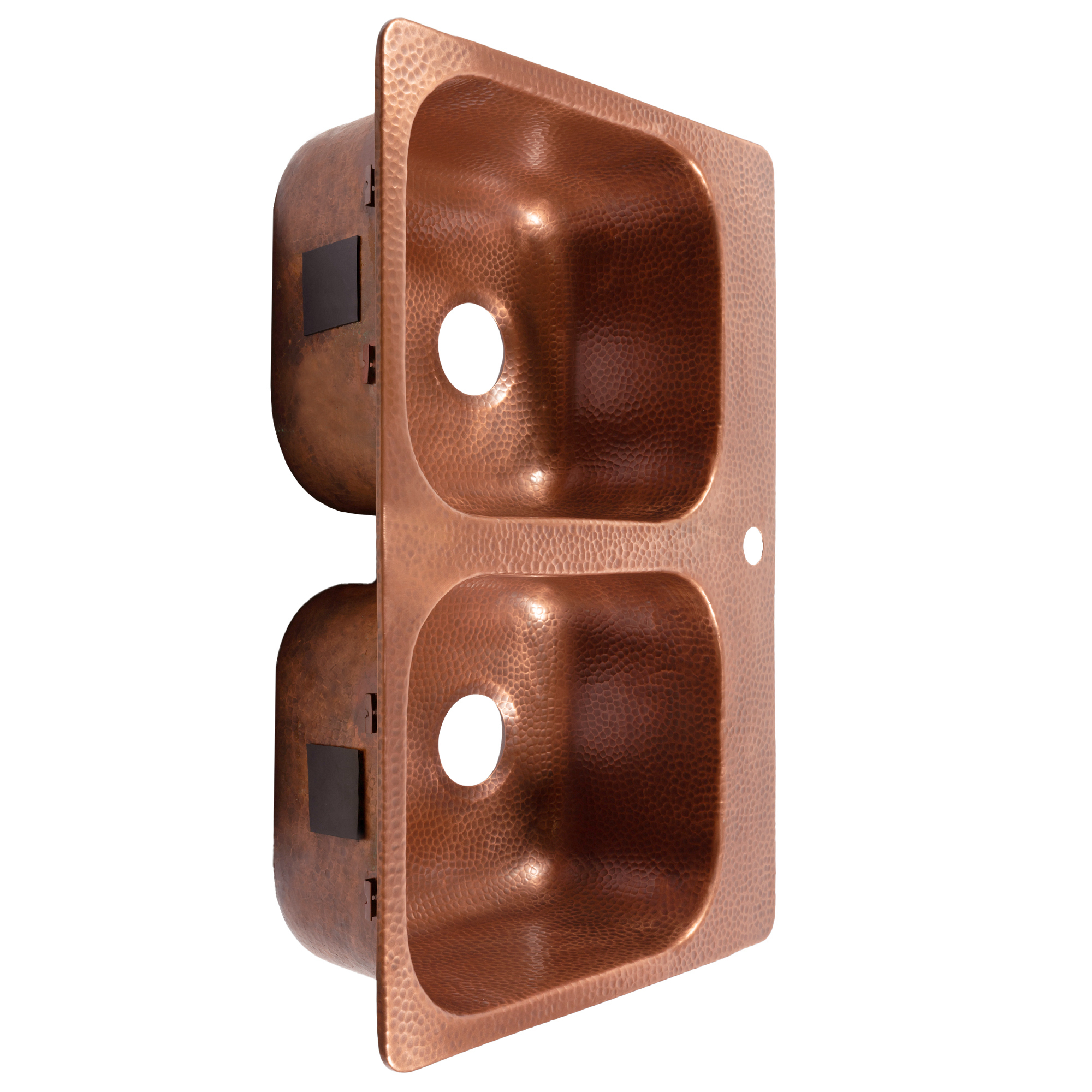 A copper rectangular drop-in double basin sink.