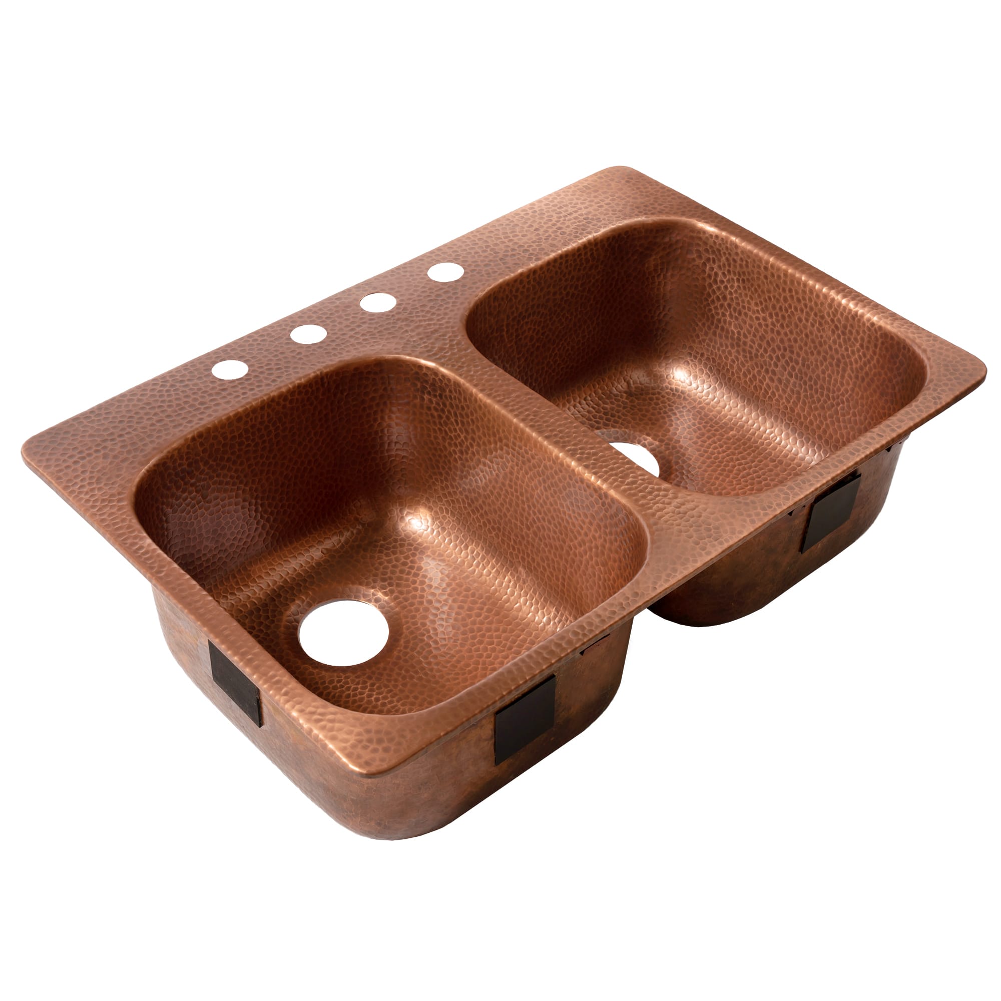 A copper rectangular drop-in double basin sink.