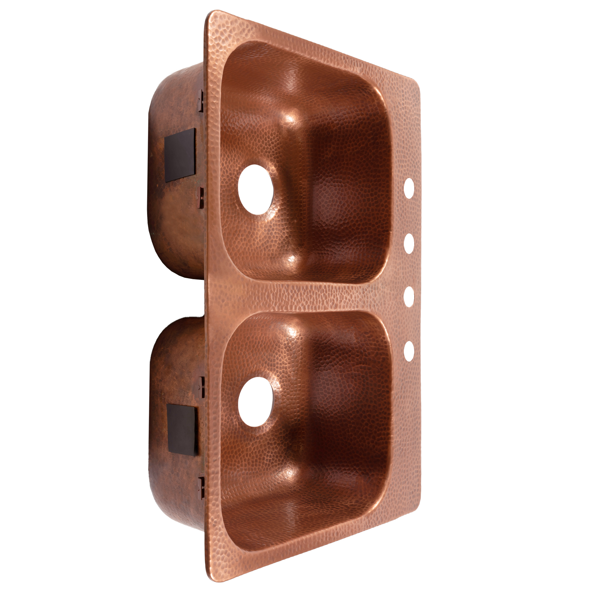 A copper rectangular drop-in double basin sink.