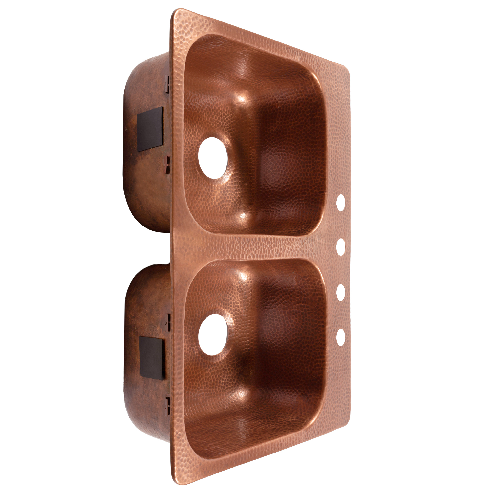 A copper rectangular drop-in double basin sink.