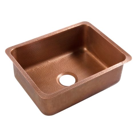 A copper rectangular undermount sink.