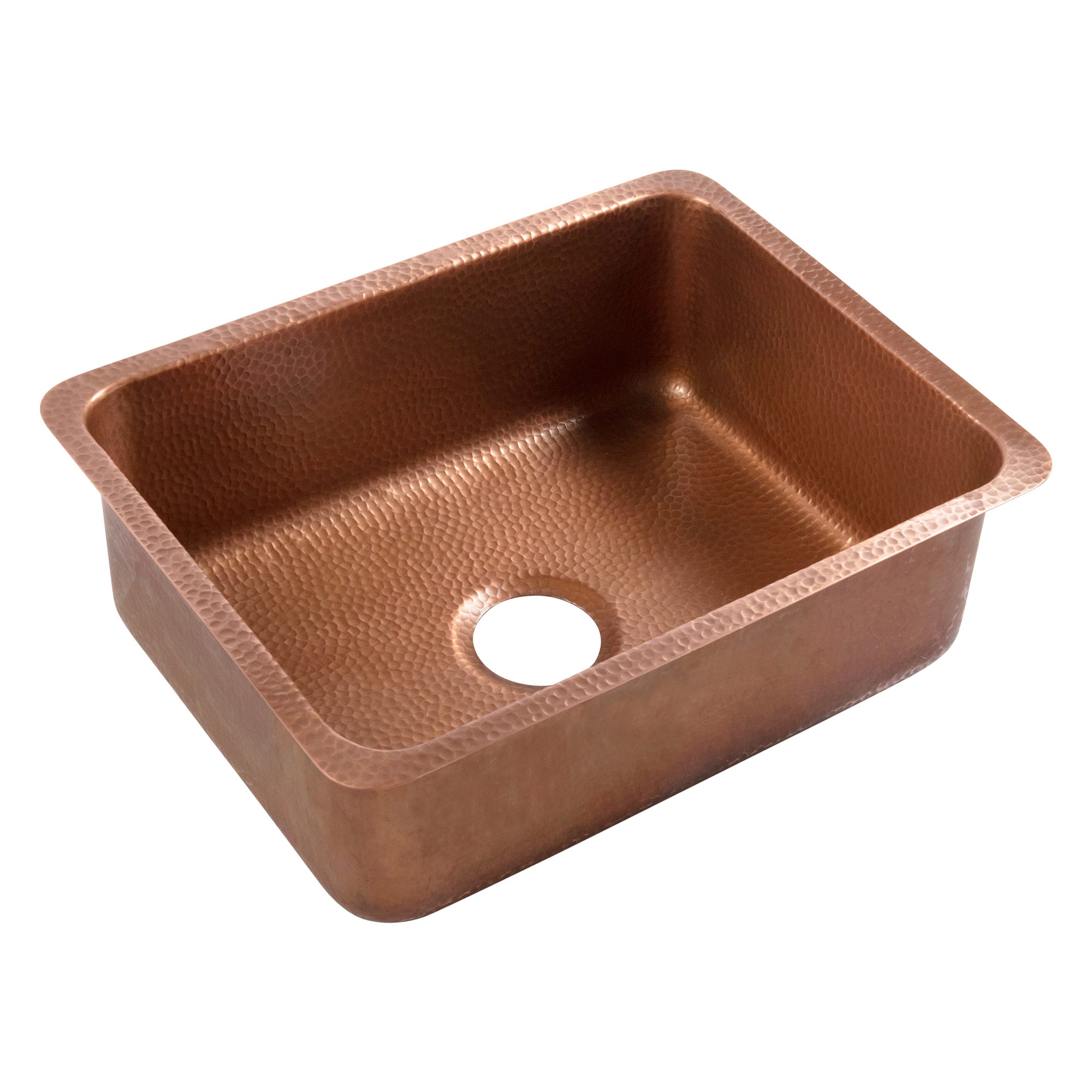 A copper rectangular undermount sink.