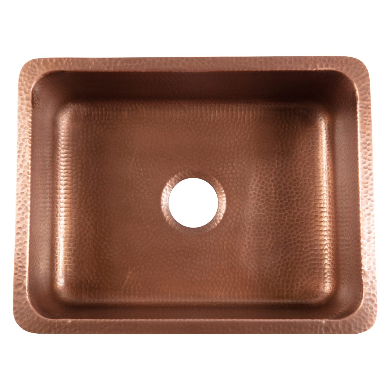 A copper rectangular undermount sink.