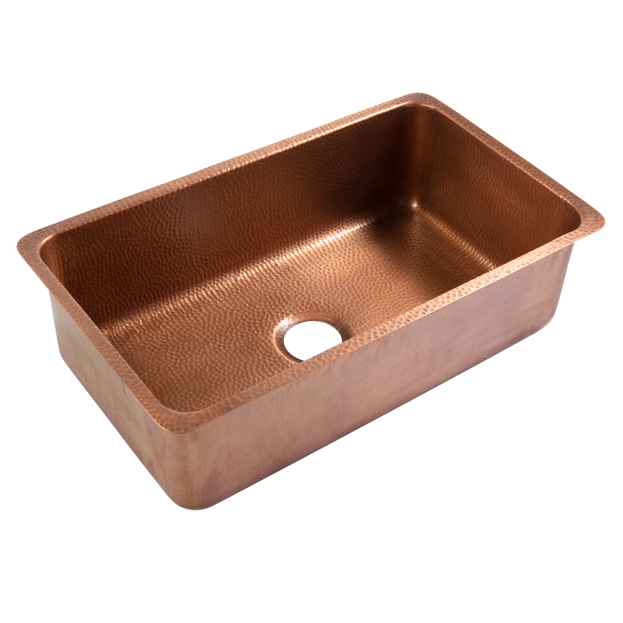 A copper rectangular undermount sink.