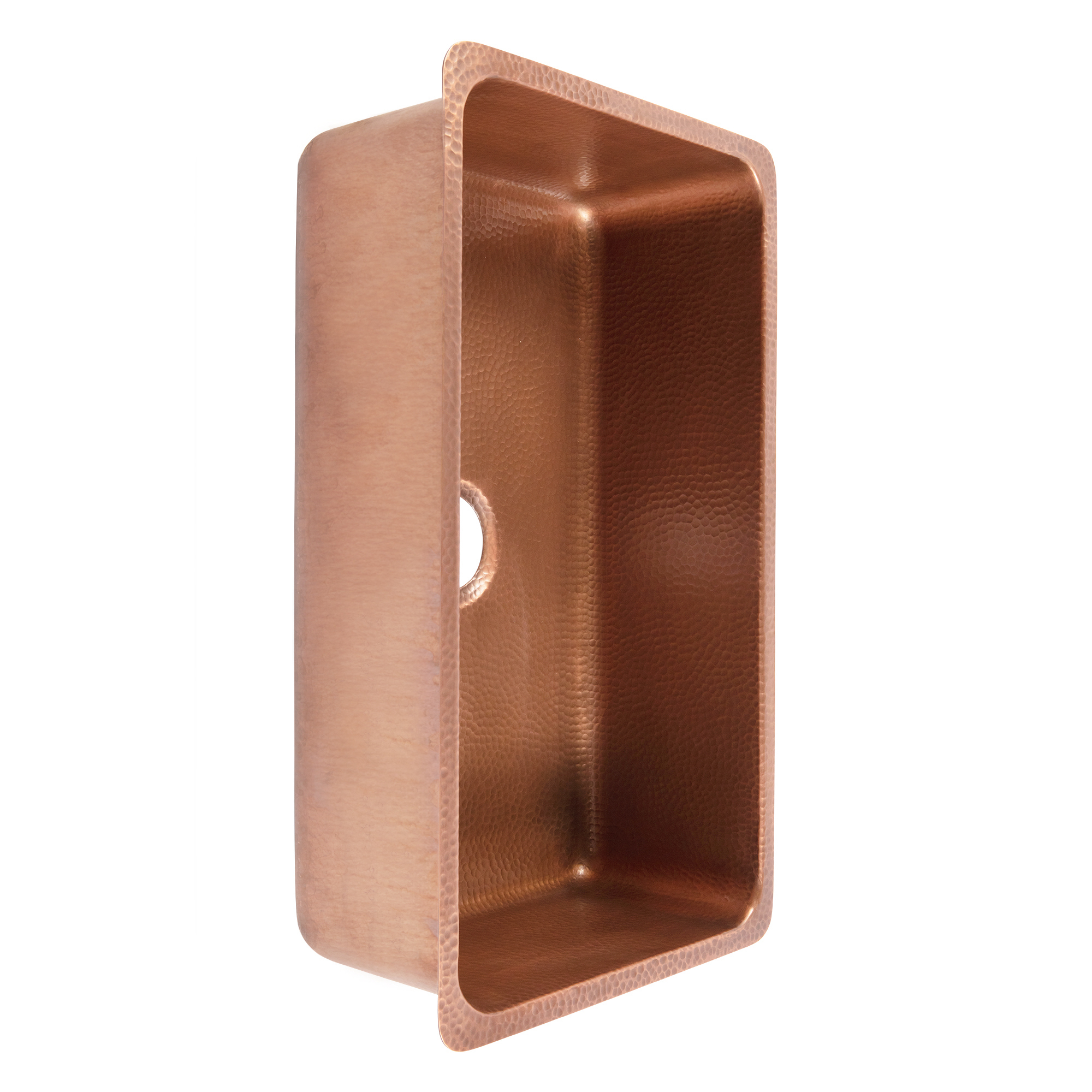 A copper rectangular undermount sink.