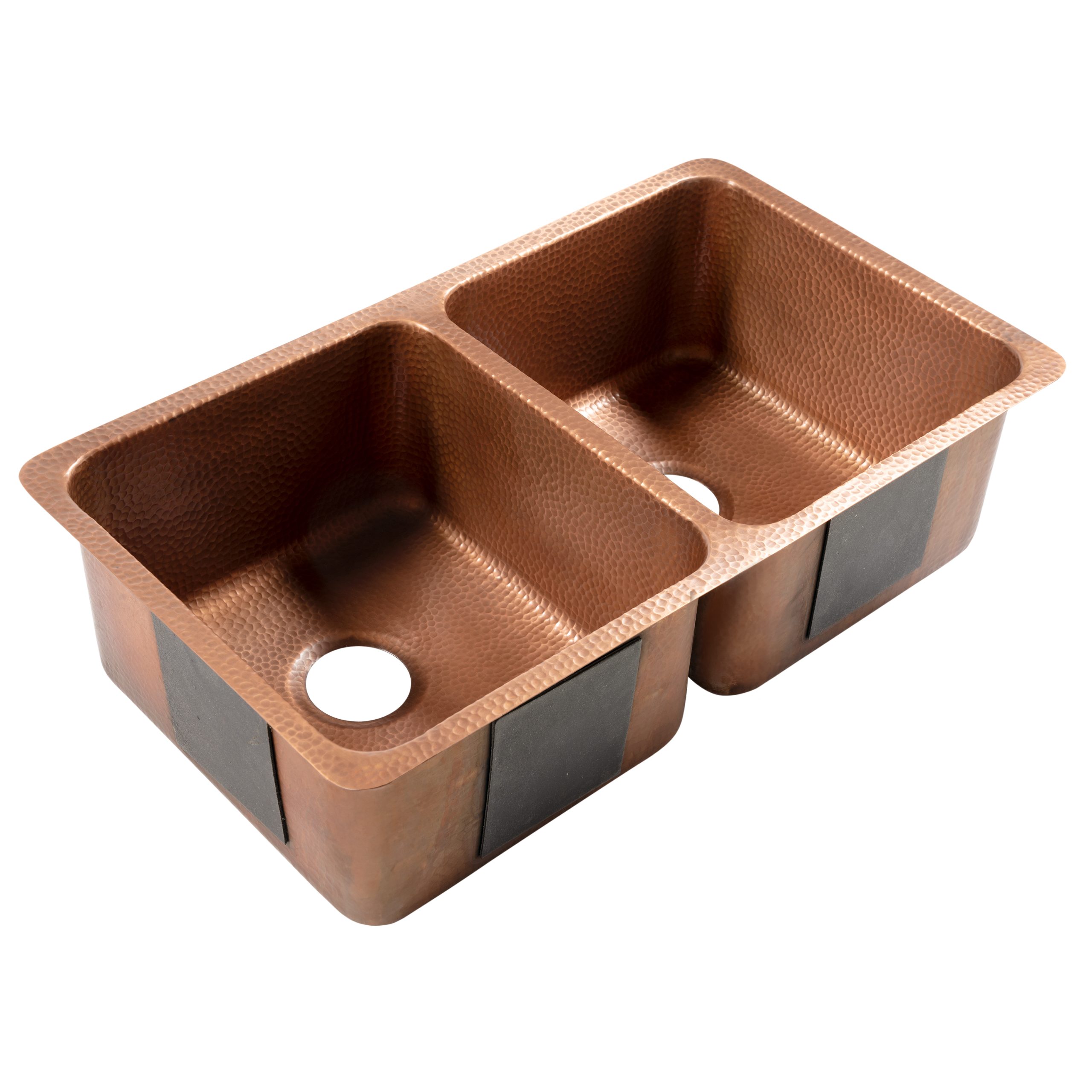 A copper rectangular undermount double basin sink.