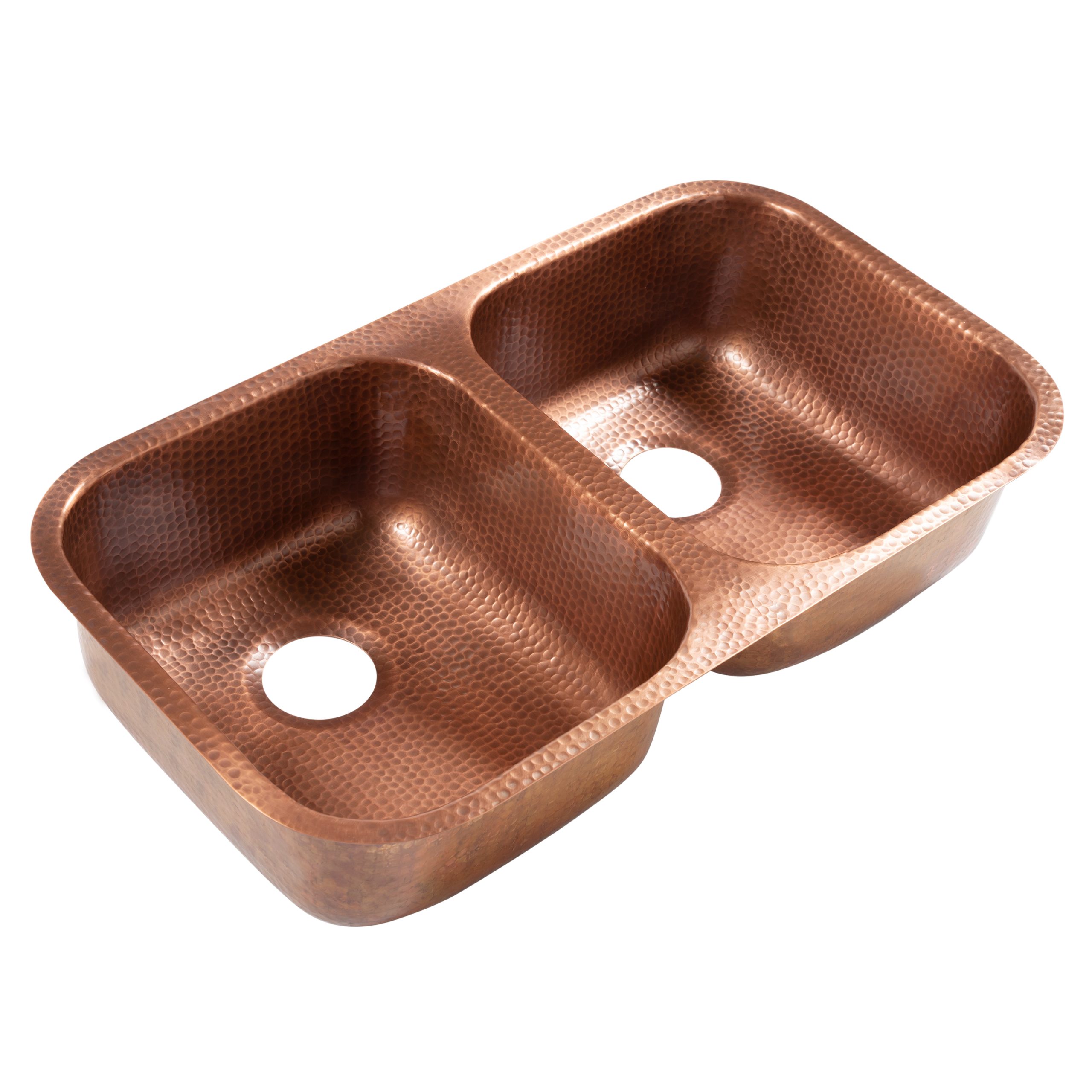 A copper rectangular undermount double basin sink.