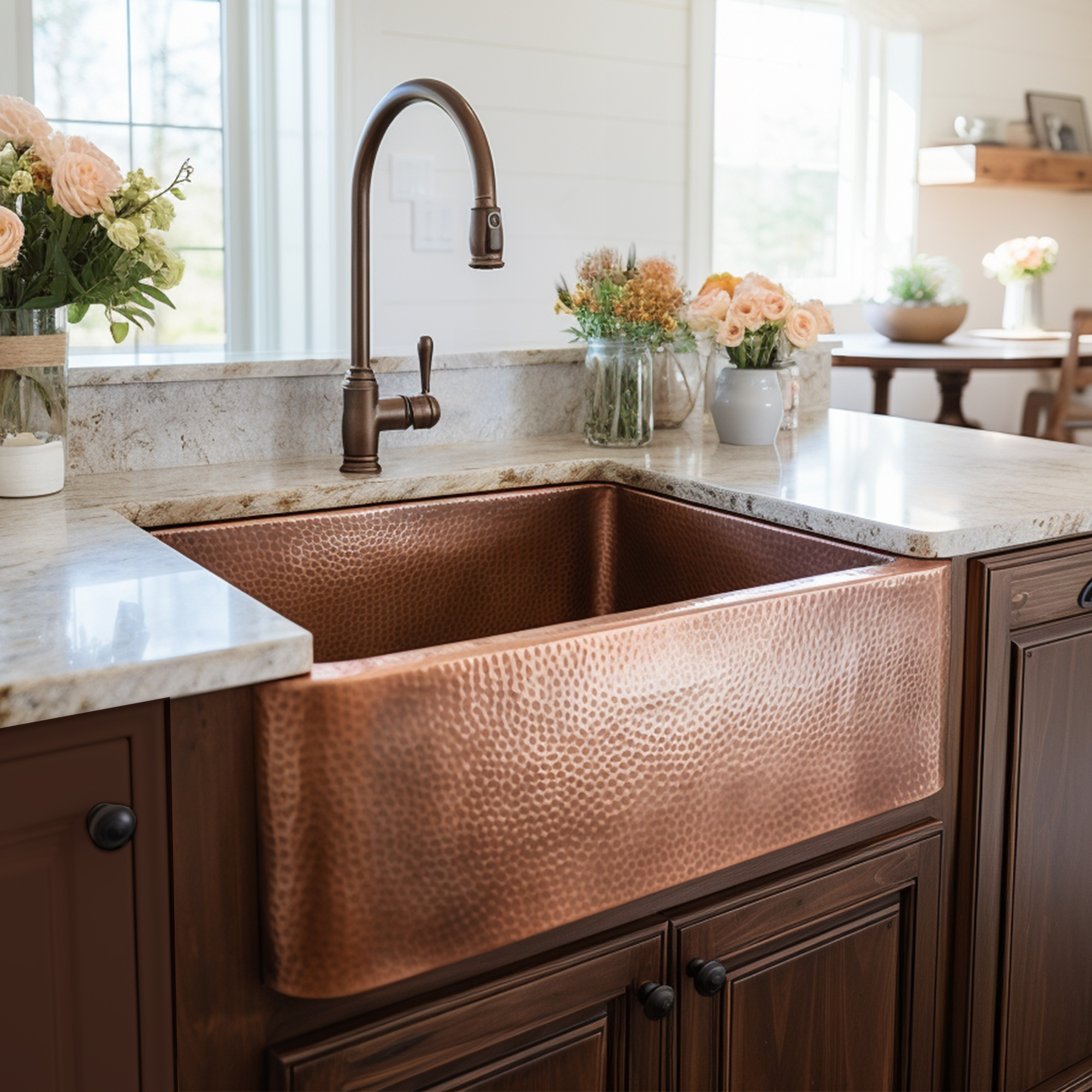 A copper rectangular undermount farmhouse sink in a modern farmhouse kitchen.
