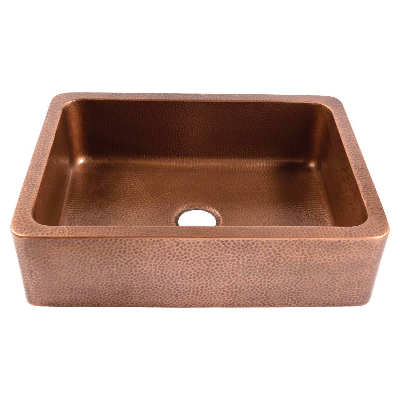 A copper rectangular undermount farmhouse sink.