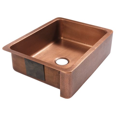 A copper rectangular undermount farmhouse sink.
