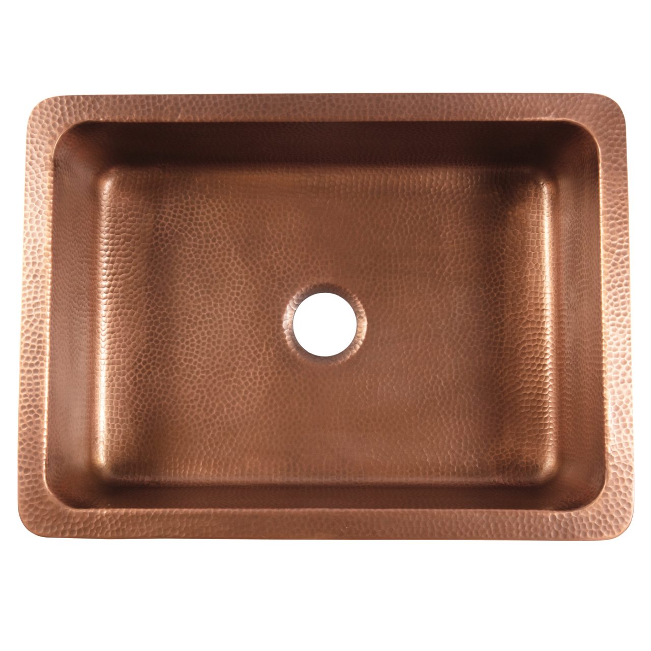 A copper rectangular undermount farmhouse sink.