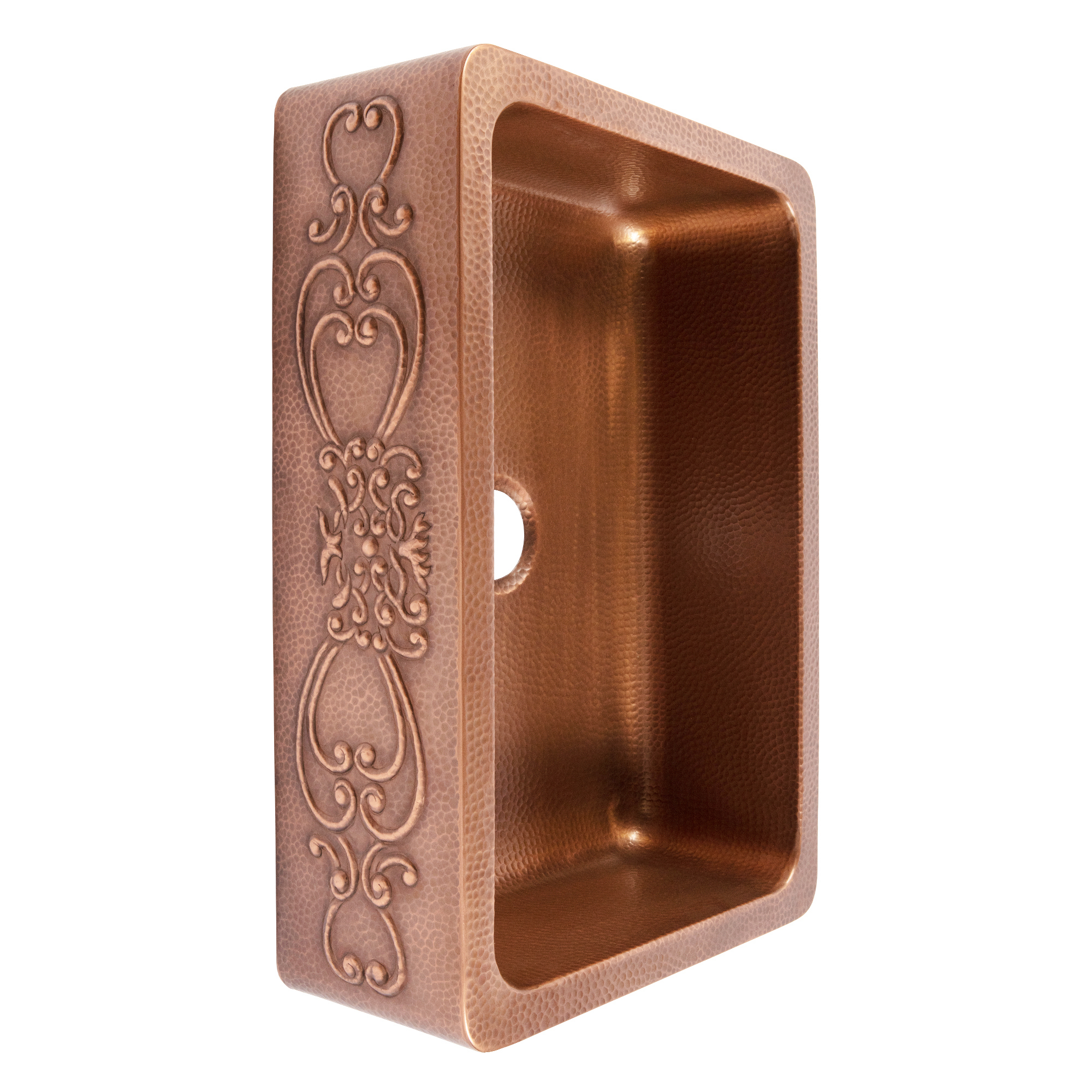 A copper rectangular undermount farmhouse sink.