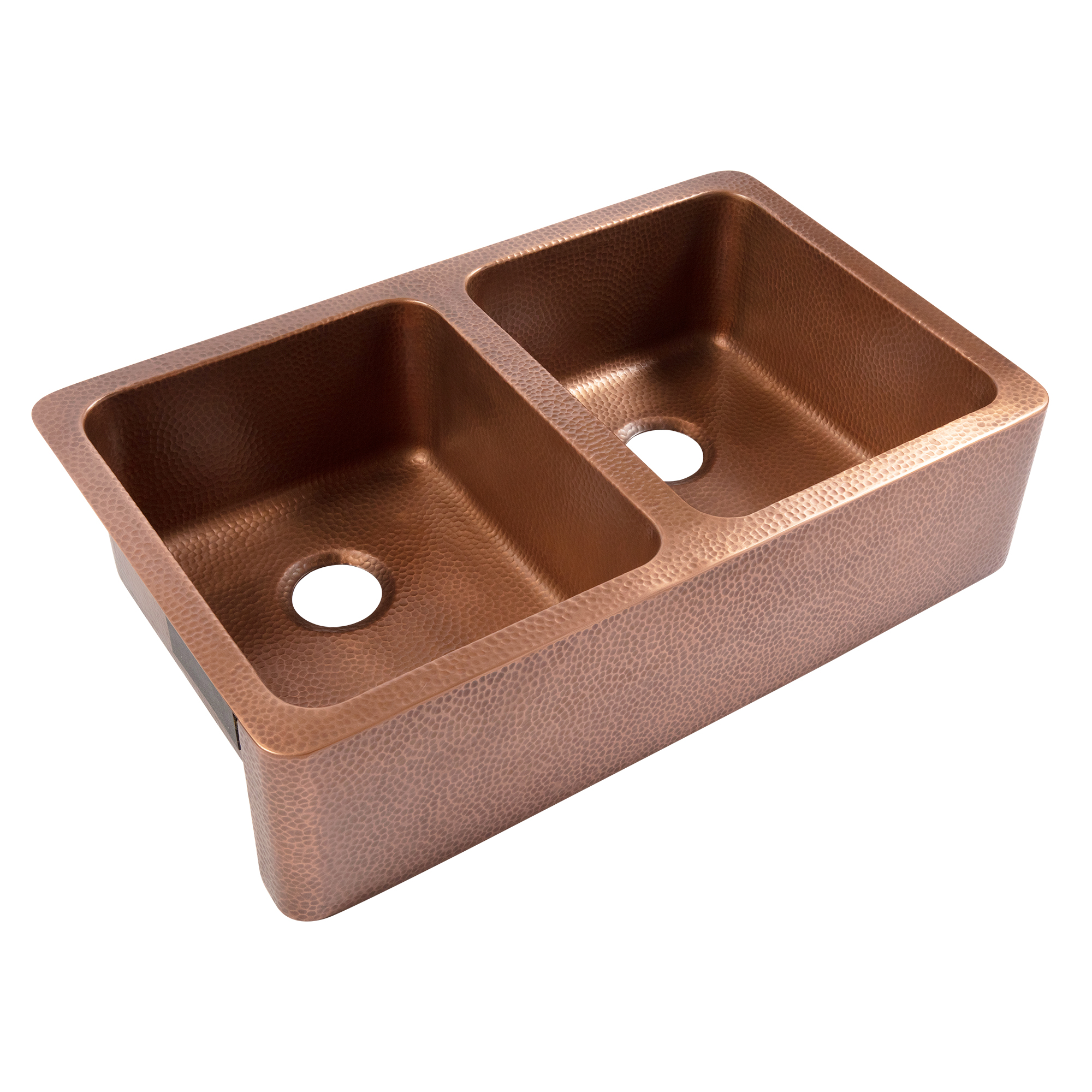 A copper rectangular undermount double basin farmhouse sink.