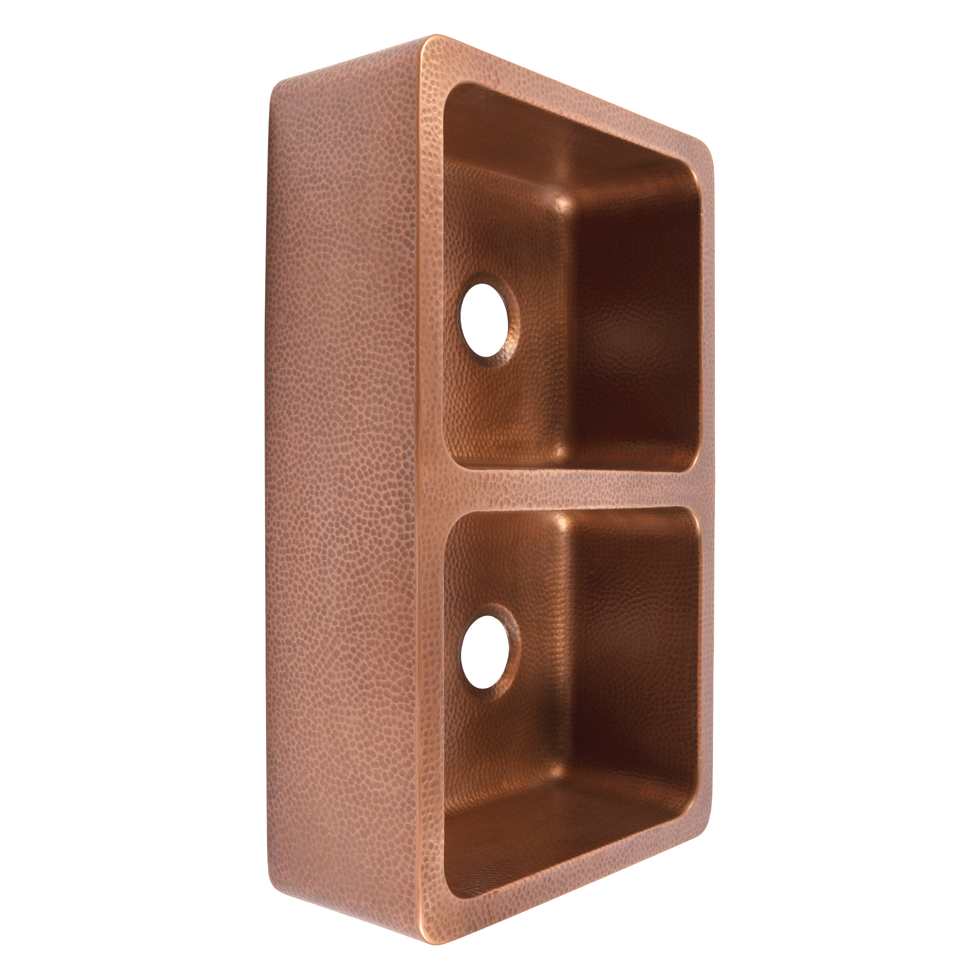 A copper rectangular undermount double basin farmhouse sink.