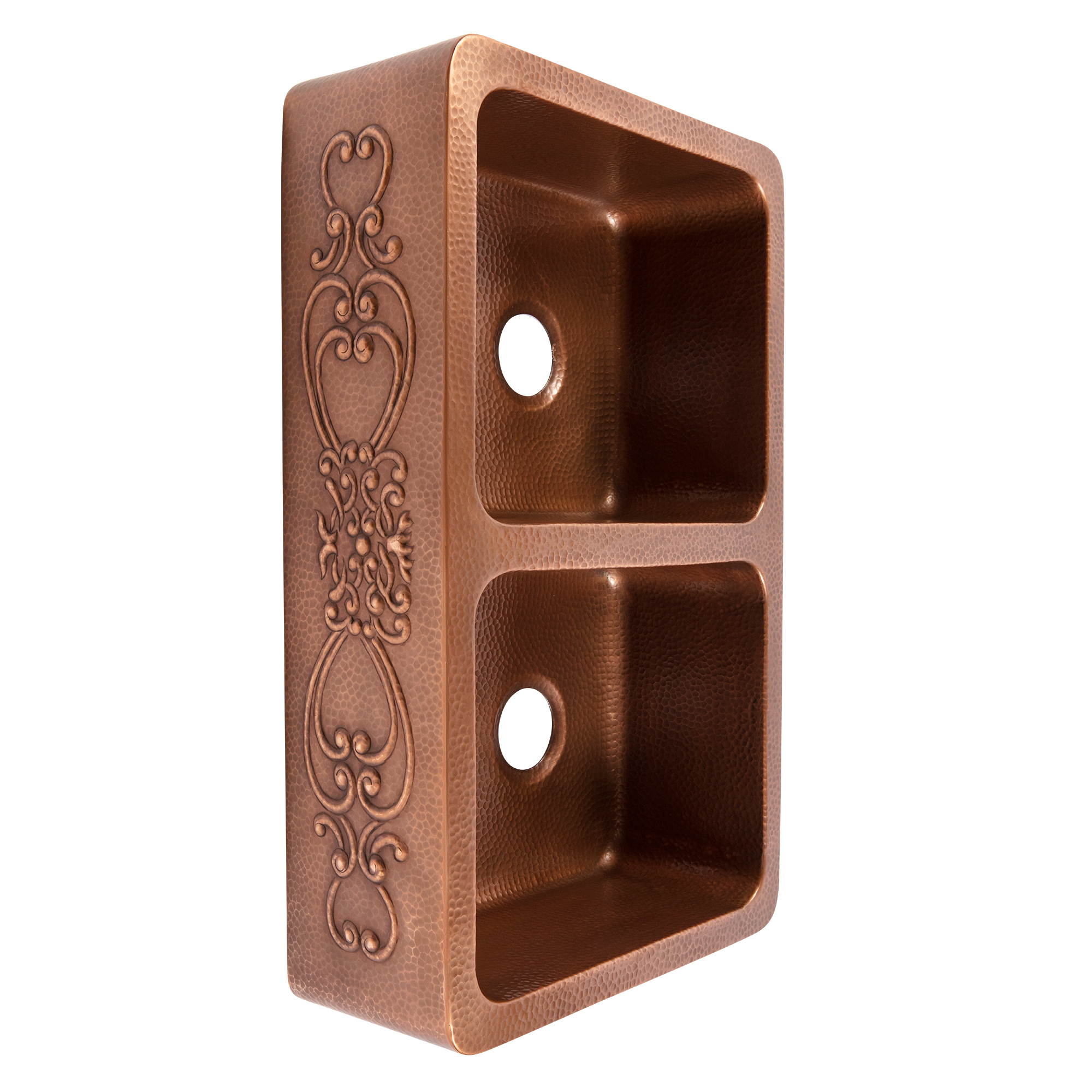 A copper rectangular undermount double basin farmhouse sink.
