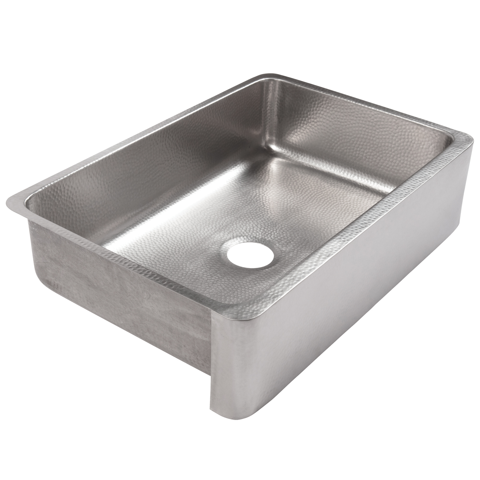 A hand hammered brushed stainless steel rectangular undermount farmhouse sink.