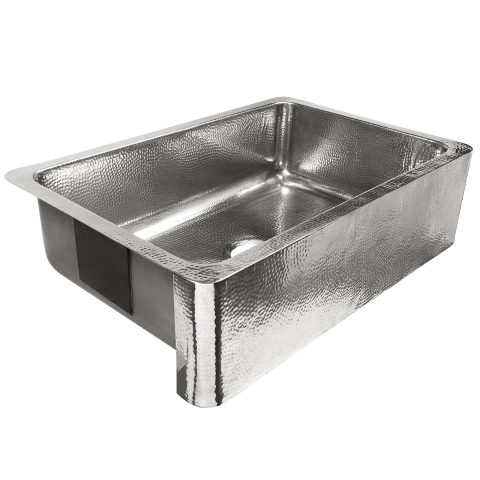 A hand hammered stainless rectangular drop-in sink.