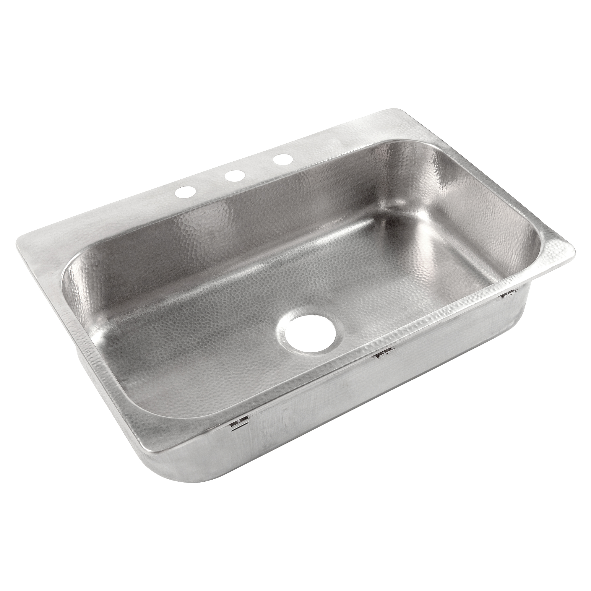A hand hammered stainless rectangular drop-in sink.
