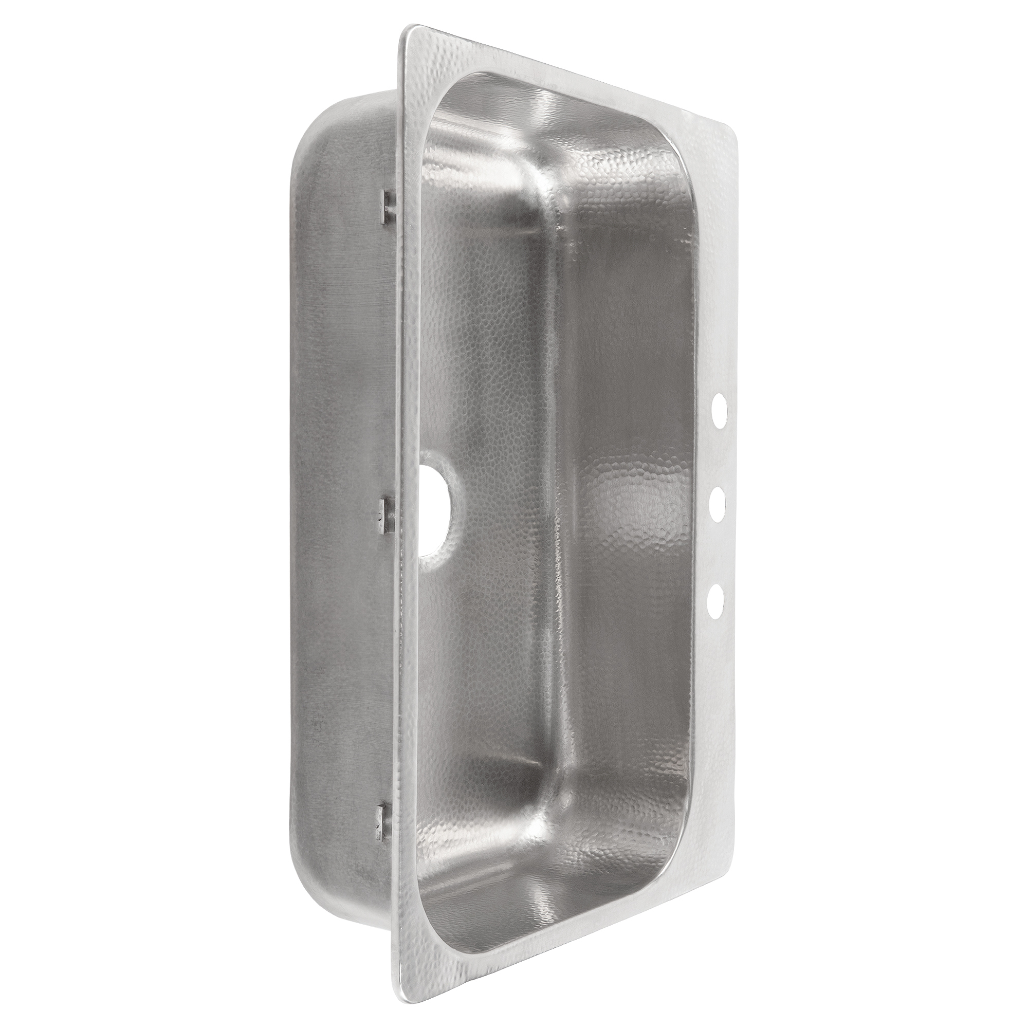 A hand hammered stainless rectangular drop-in sink.