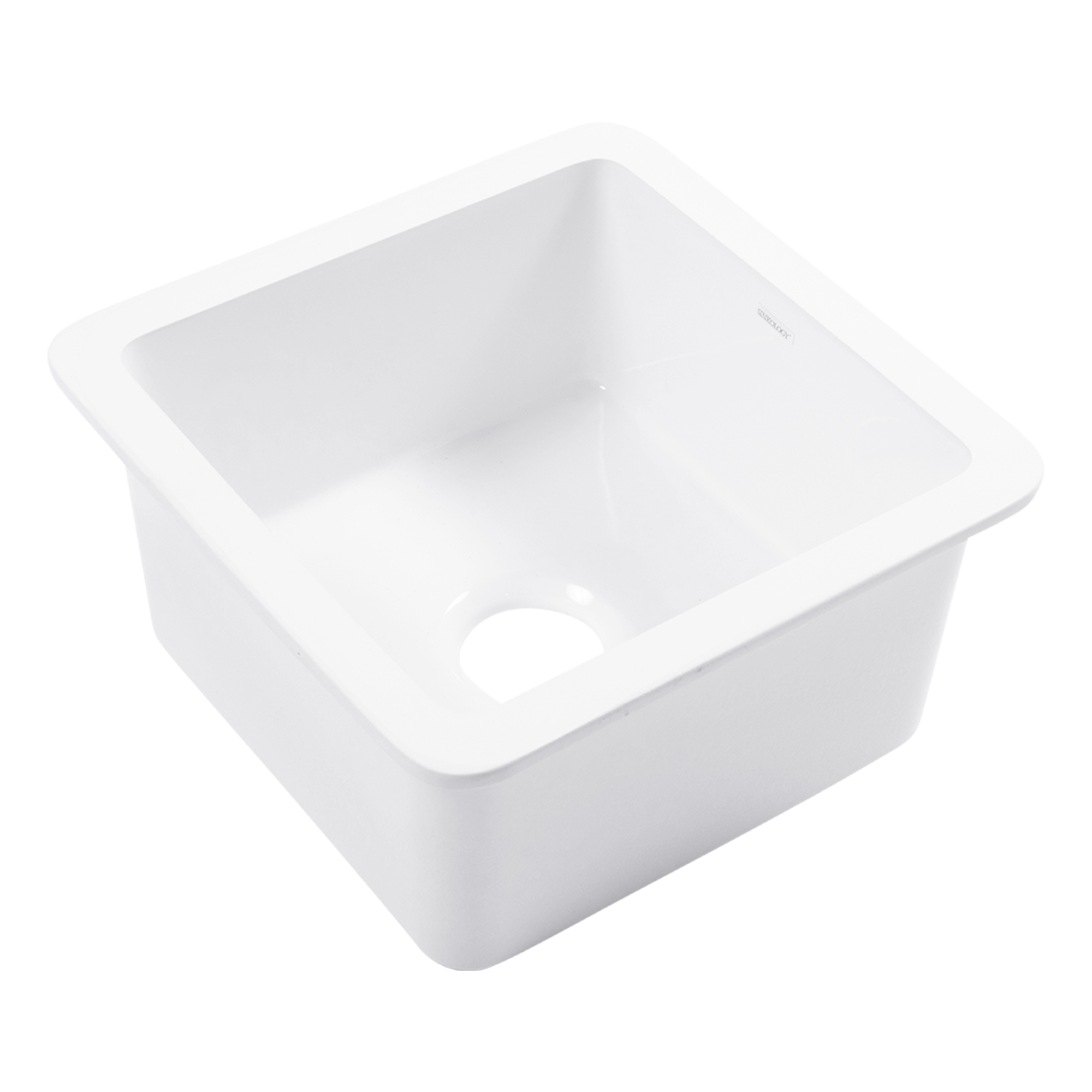 A glossy white square undermount bar and prep sink made in fireclay.