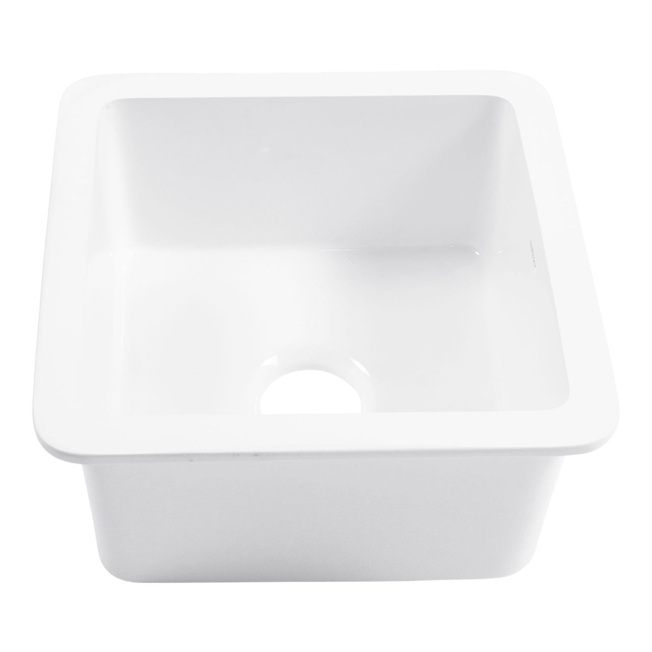 A glossy white square undermount bar and prep sink made in fireclay.