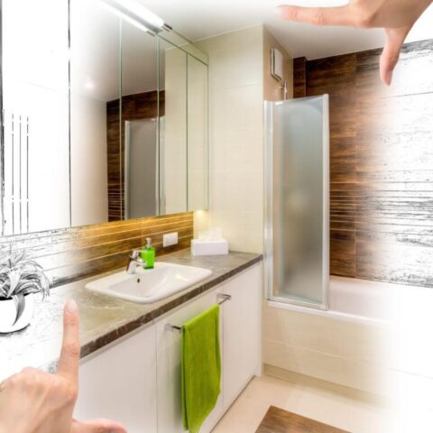 a rendering of a bathroom with hands in the corners