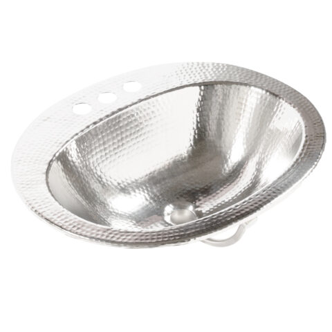 A hand hammered nickel bathroom drop-in sink.