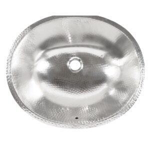 A hand hammered nickel undermount bathroom sink.