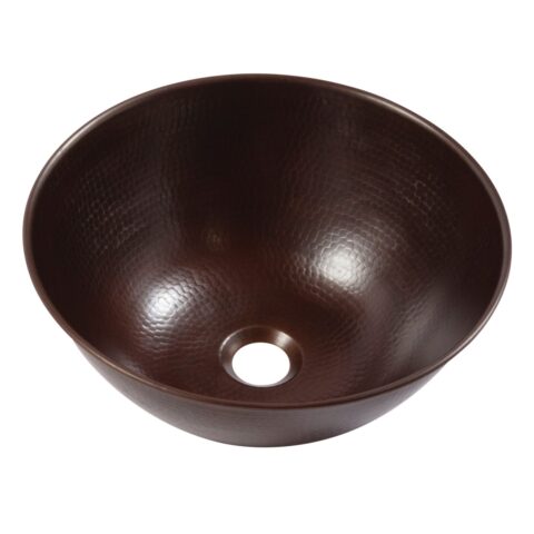 A hand hammered copper vessel bathroom sink.
