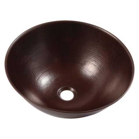 A hand hammered copper vessel bathroom sink.