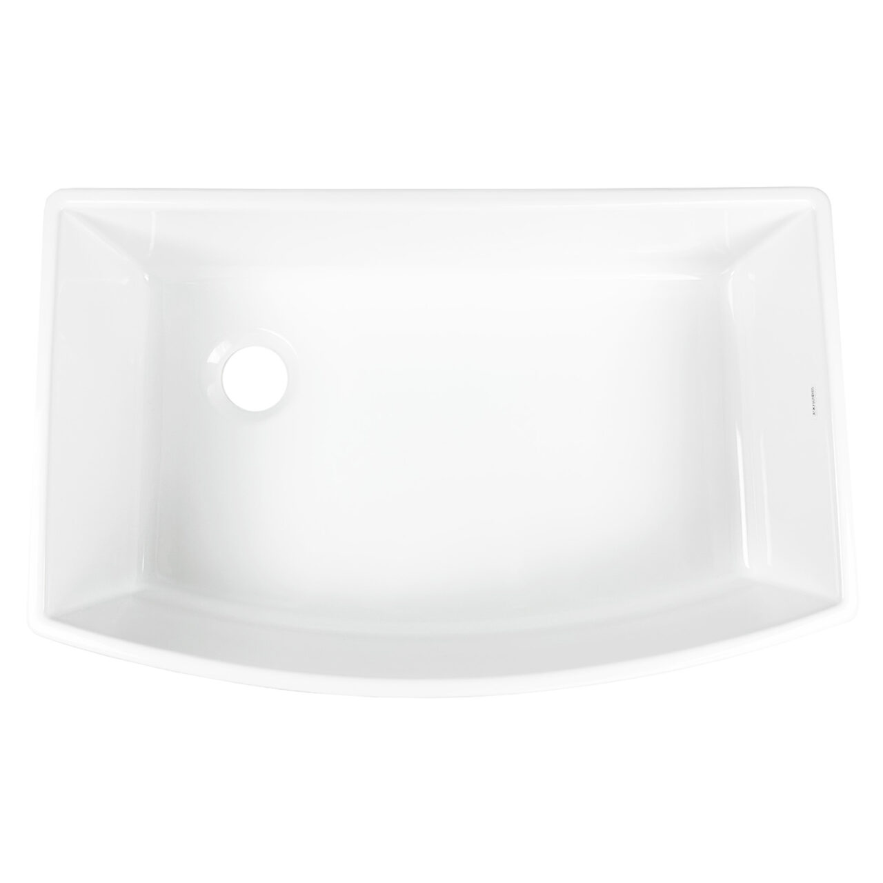 A glossy white rectangular undermount farmhouse sink with a curved front made in fireclay with a 3.5" drain hole.
