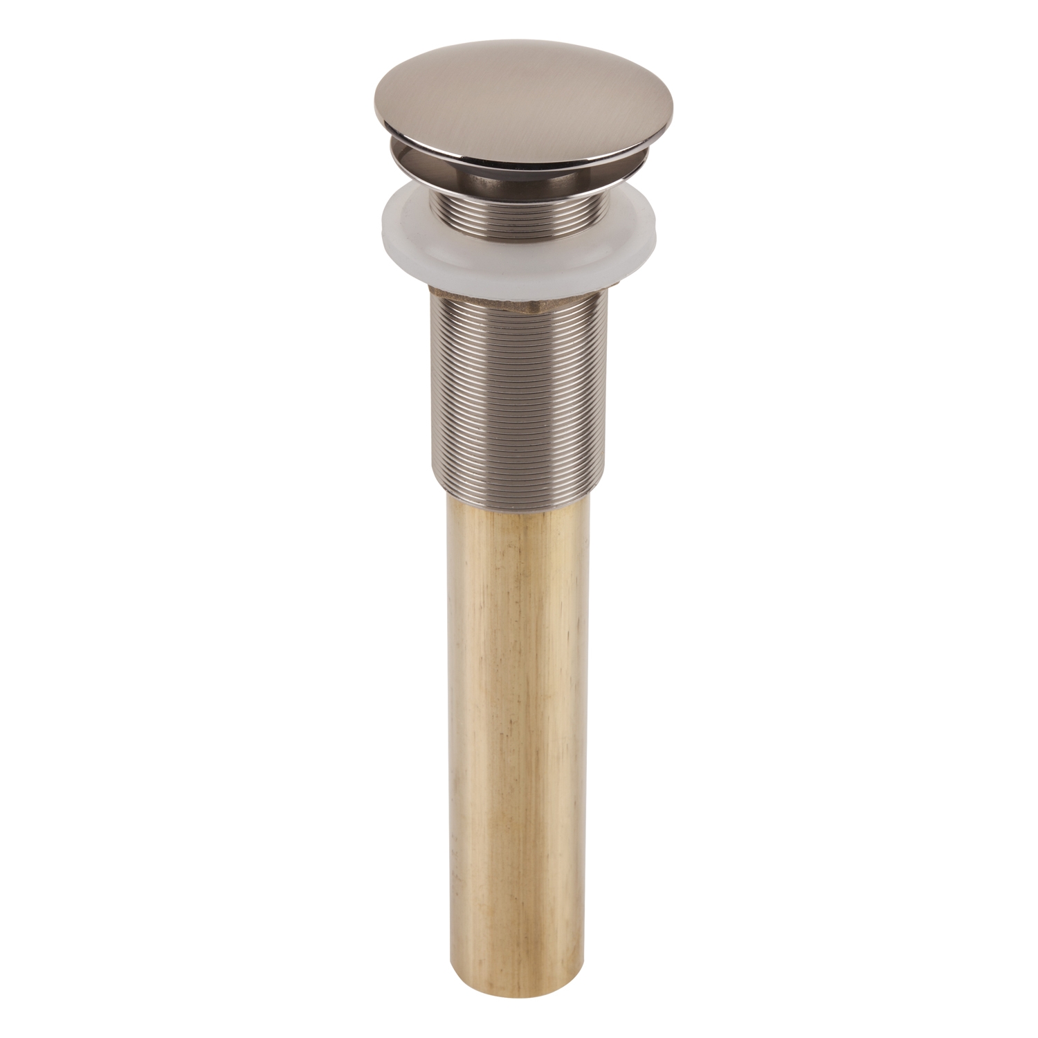 A nickel pop-up no overflow bathroom sink drain.
