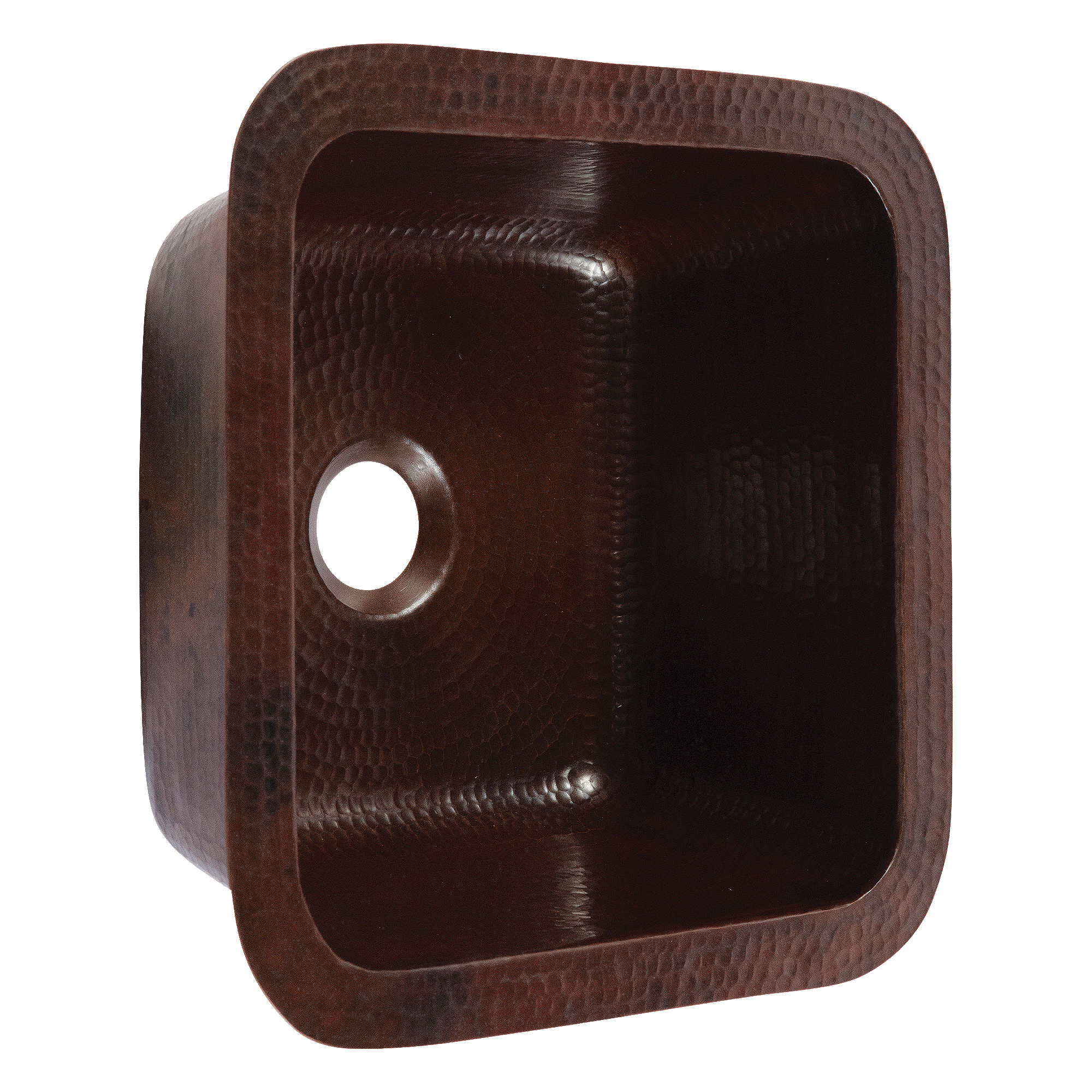 A square hand hammered undermount copper bar and prep sink with a 1.5" drain hole.