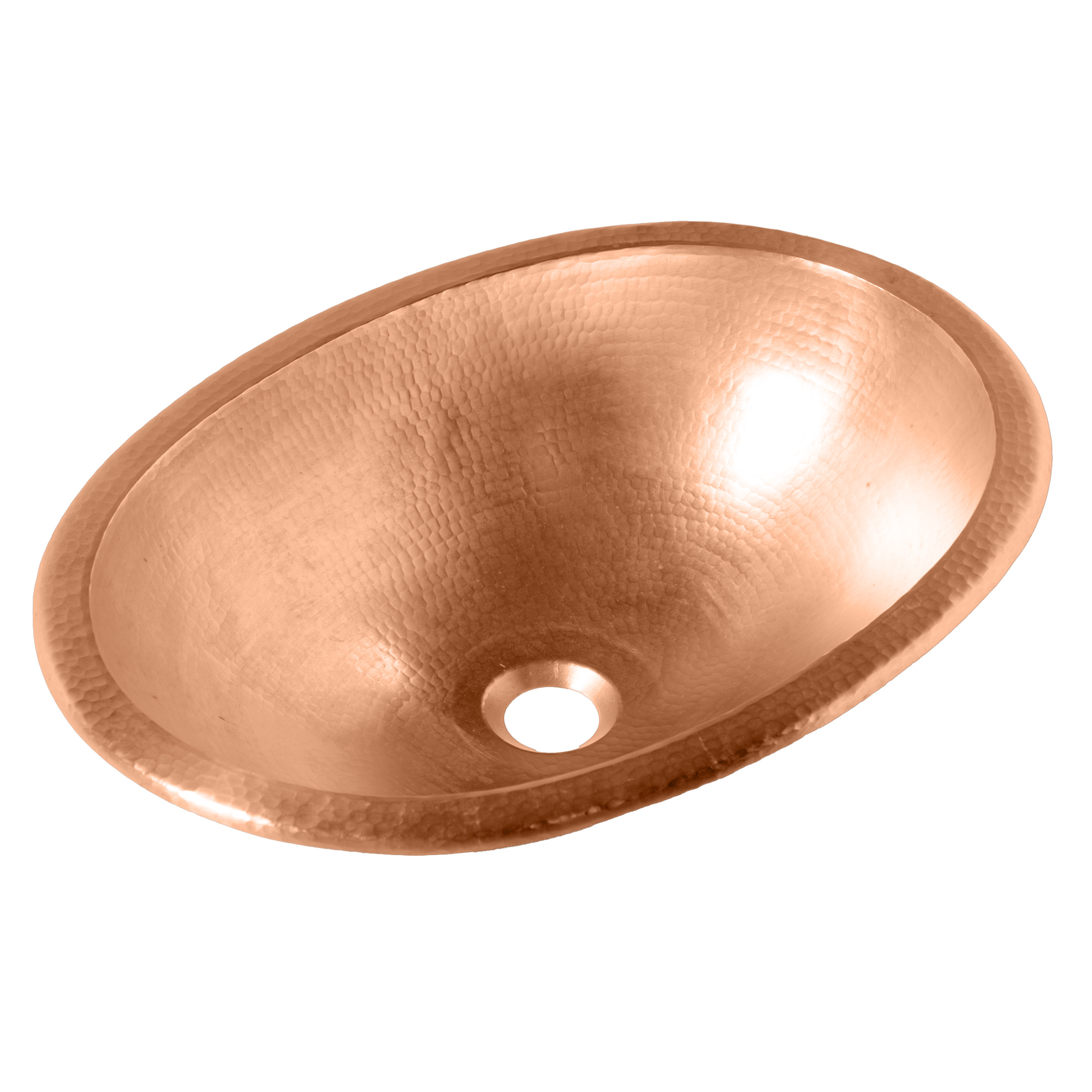 A hand hammered copper dual mount bathroom sink.