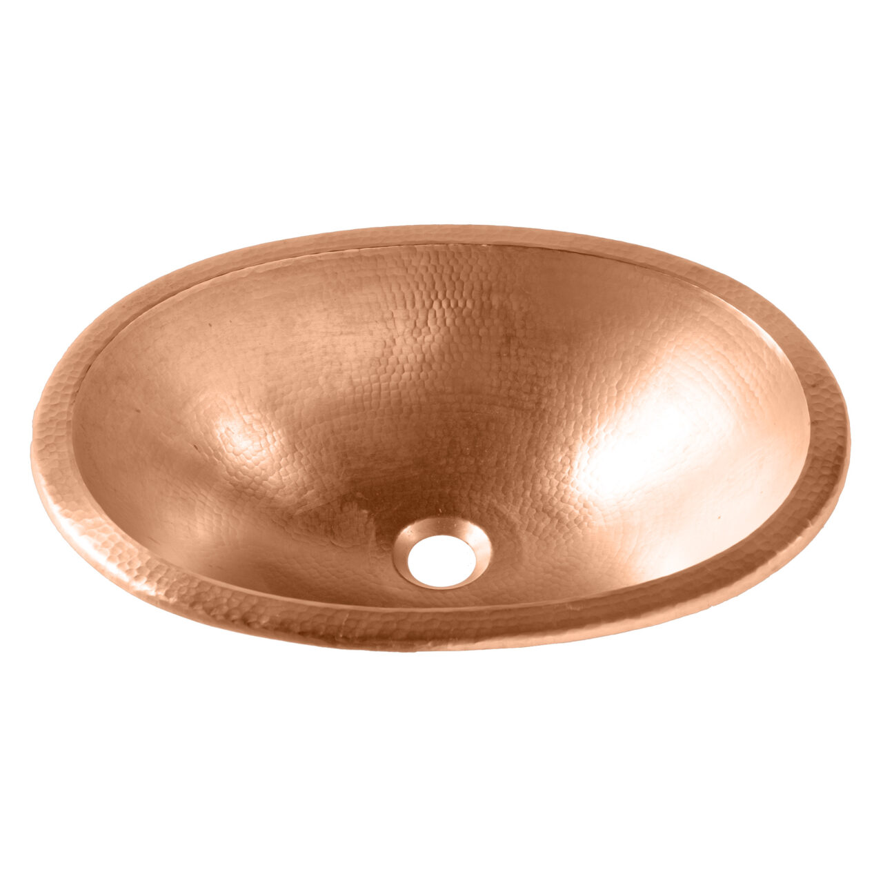 A hand hammered copper dual mount bathroom sink.