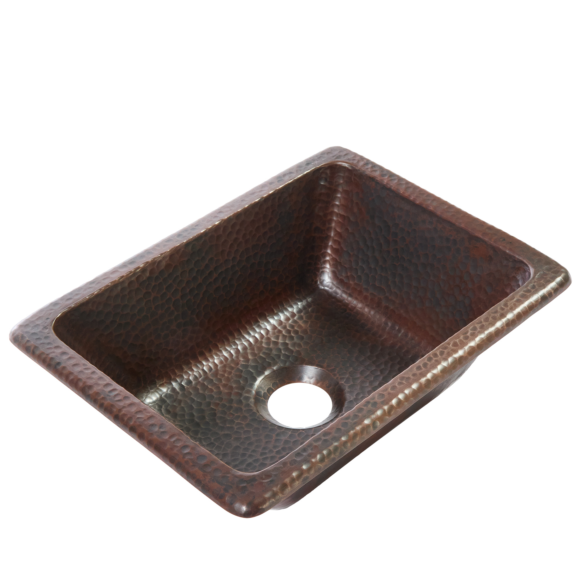 A hand hammered copper dual mount bathroom sink.
