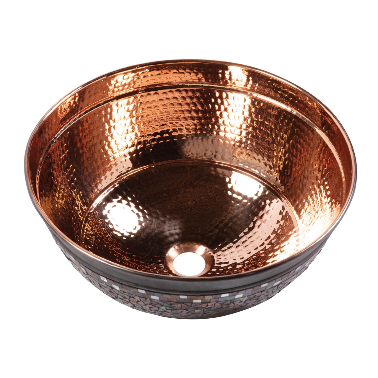 A hand hammered copper vessel bathroom sink.