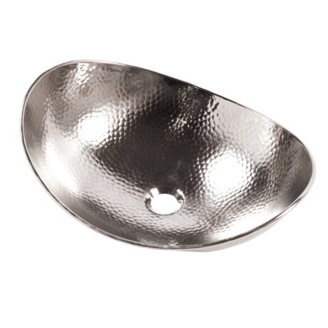 A hand hammered nickel vessel bathroom sink.