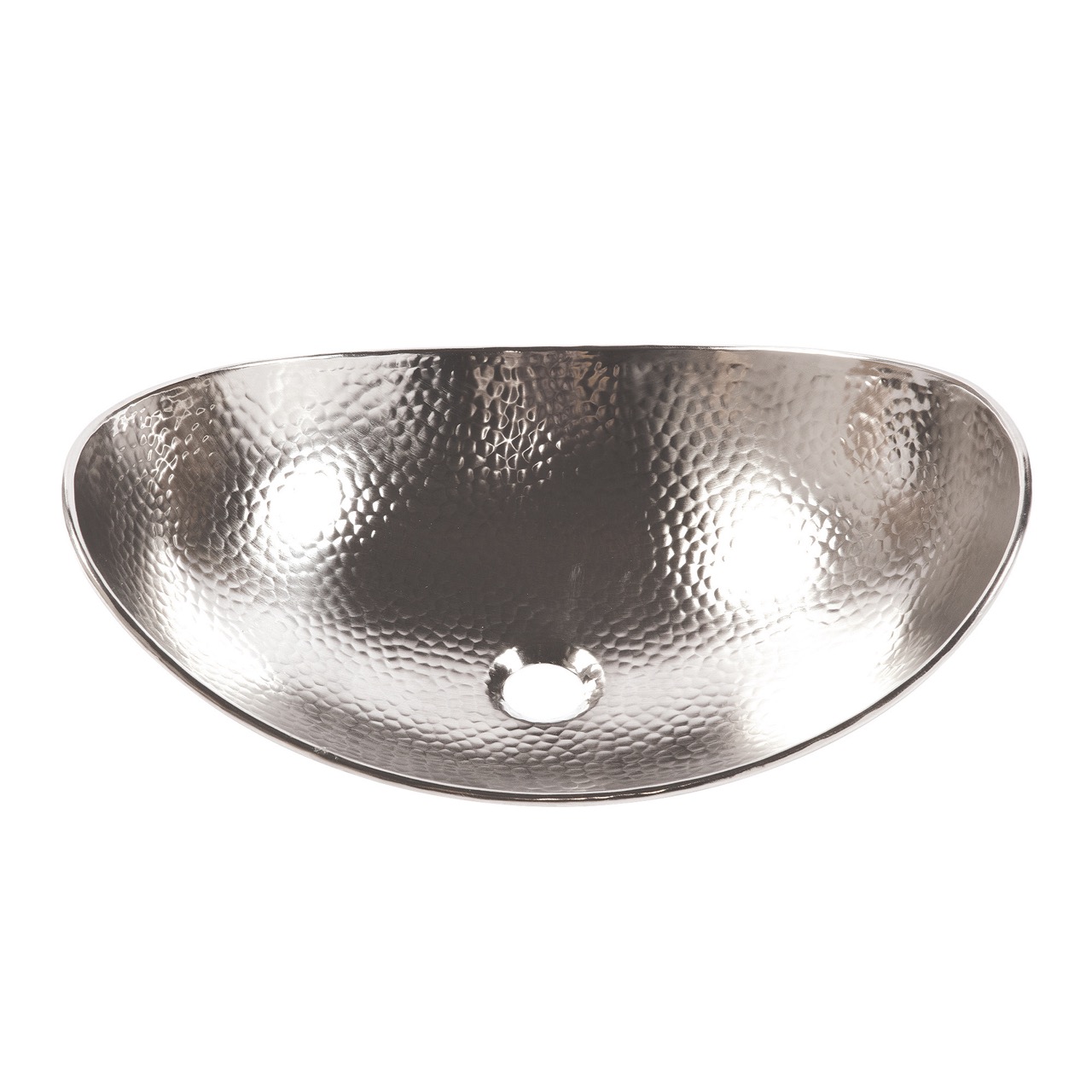 A hand hammered nickel vessel bathroom sink.