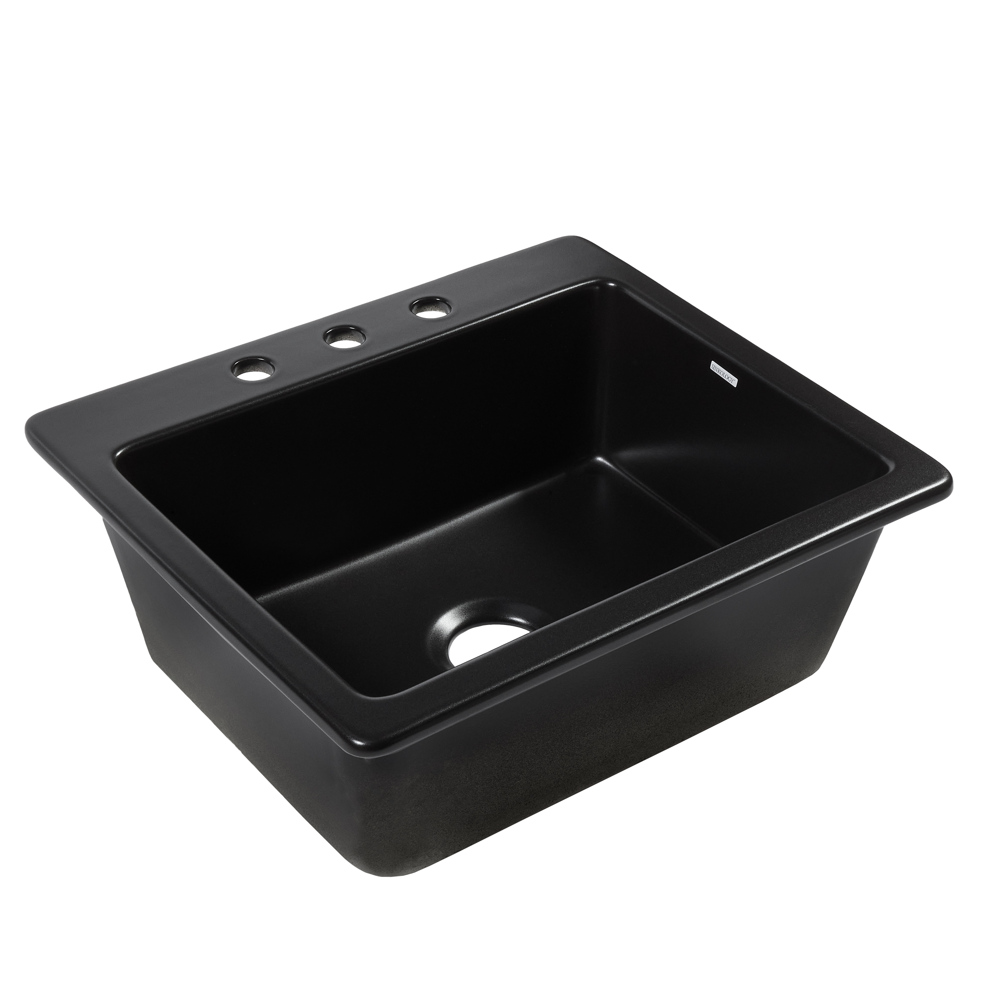 A black rectangular sink with three faucet holes and a central drain hole. The sink has a smooth, matte finish and a modern, sleek design.